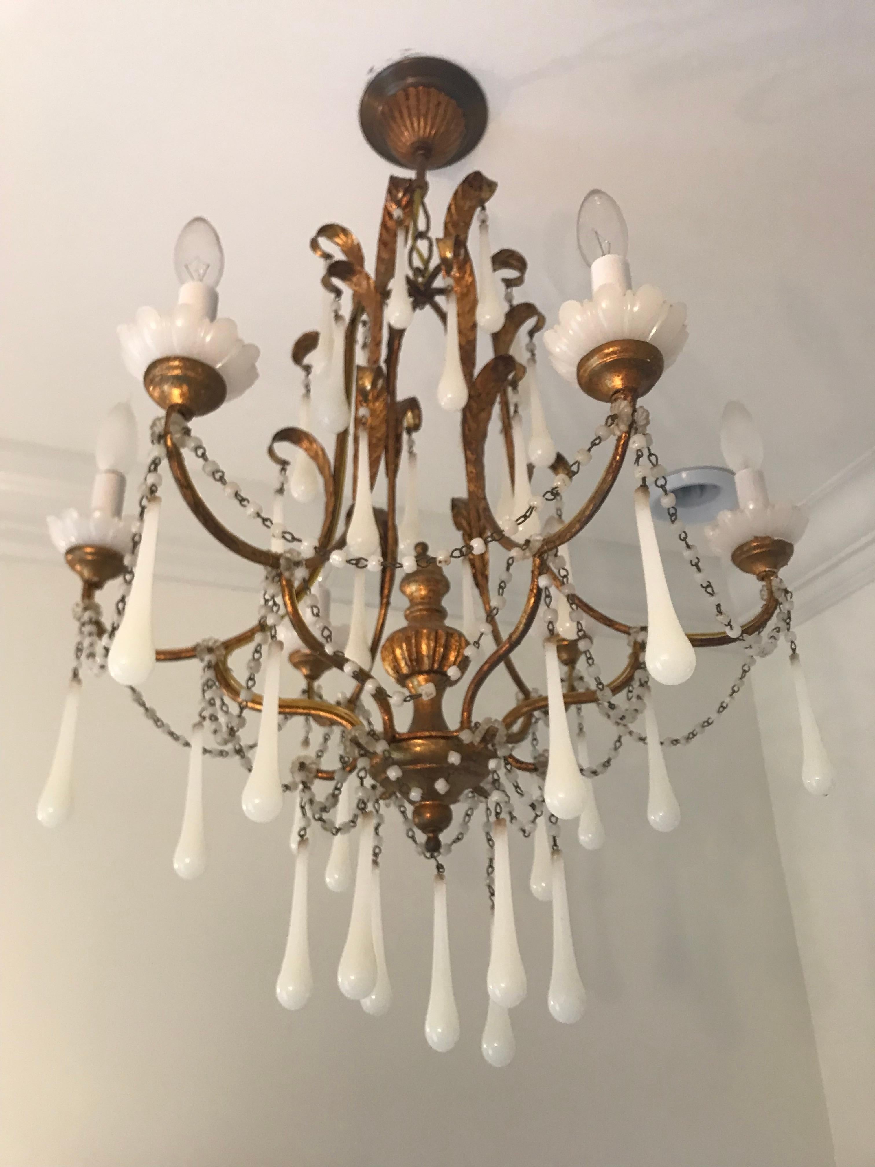 Romantic Antique Gilt Chandelier with White Opaline Teardrop Crystals For Sale 3