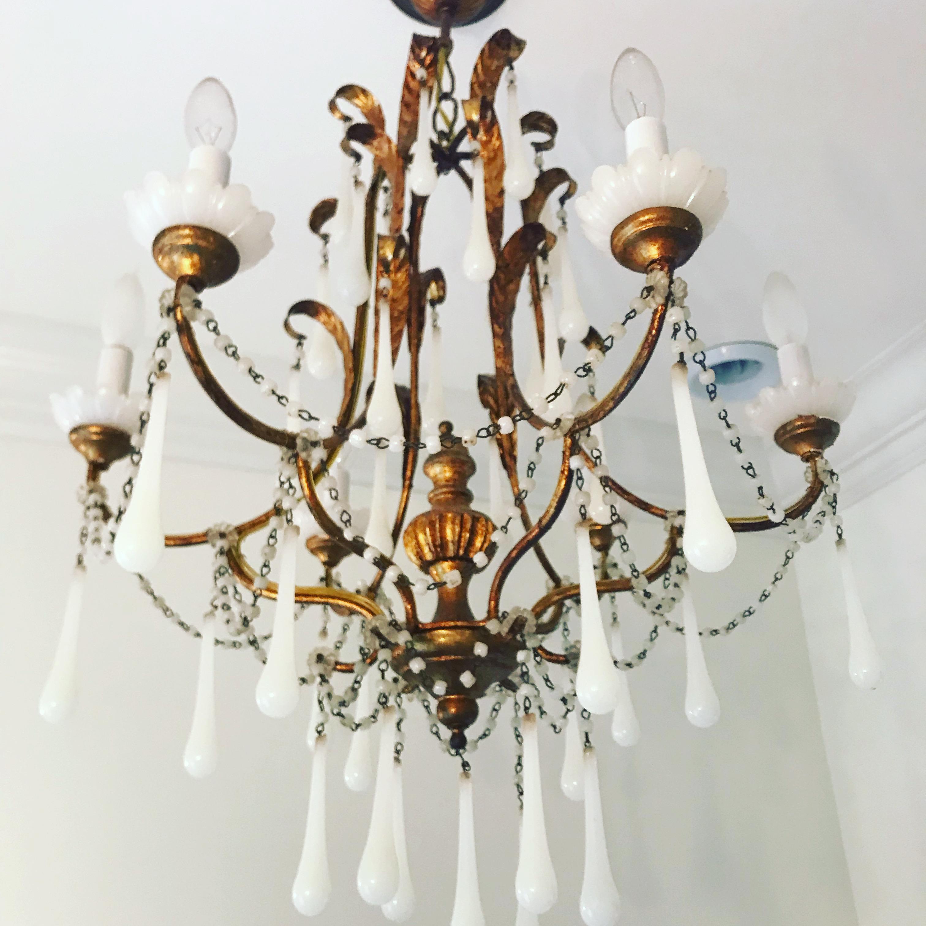 Romantic Antique Gilt Chandelier with White Opaline Teardrop Crystals For Sale 4