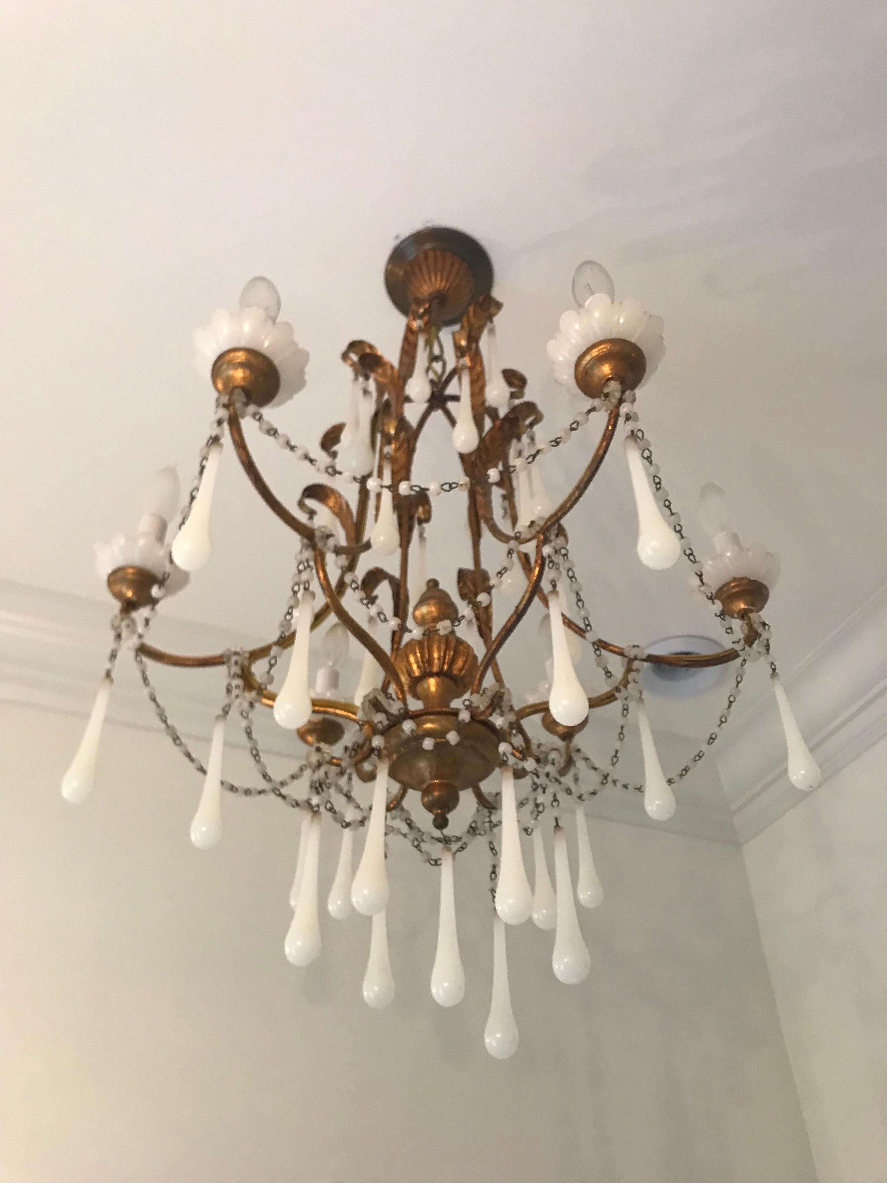 French Romantic Antique Gilt Chandelier with White Opaline Teardrop Crystals For Sale