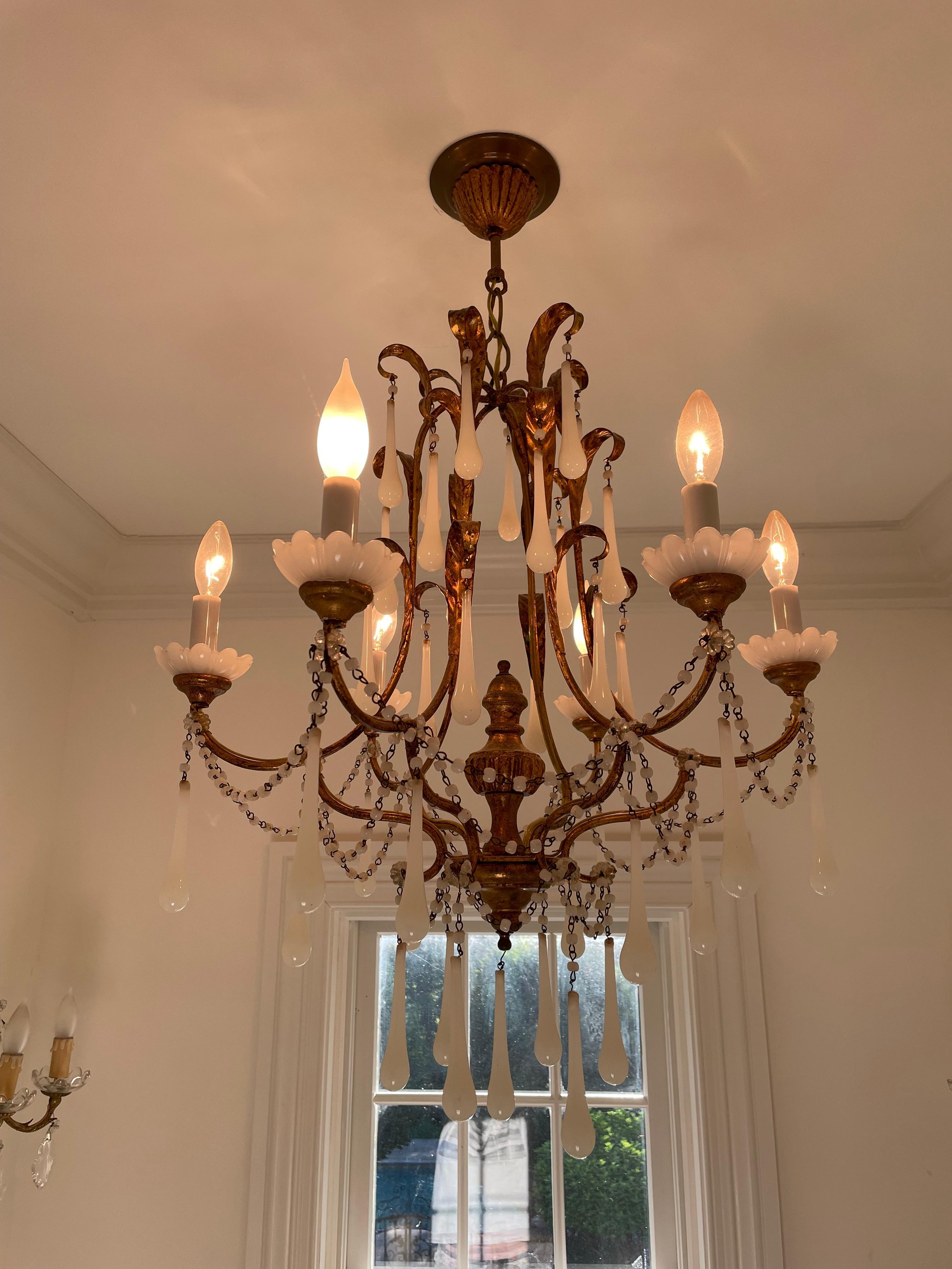 Romantic Antique Gilt Chandelier with White Opaline Teardrop Crystals In Good Condition For Sale In Hopewell, NJ
