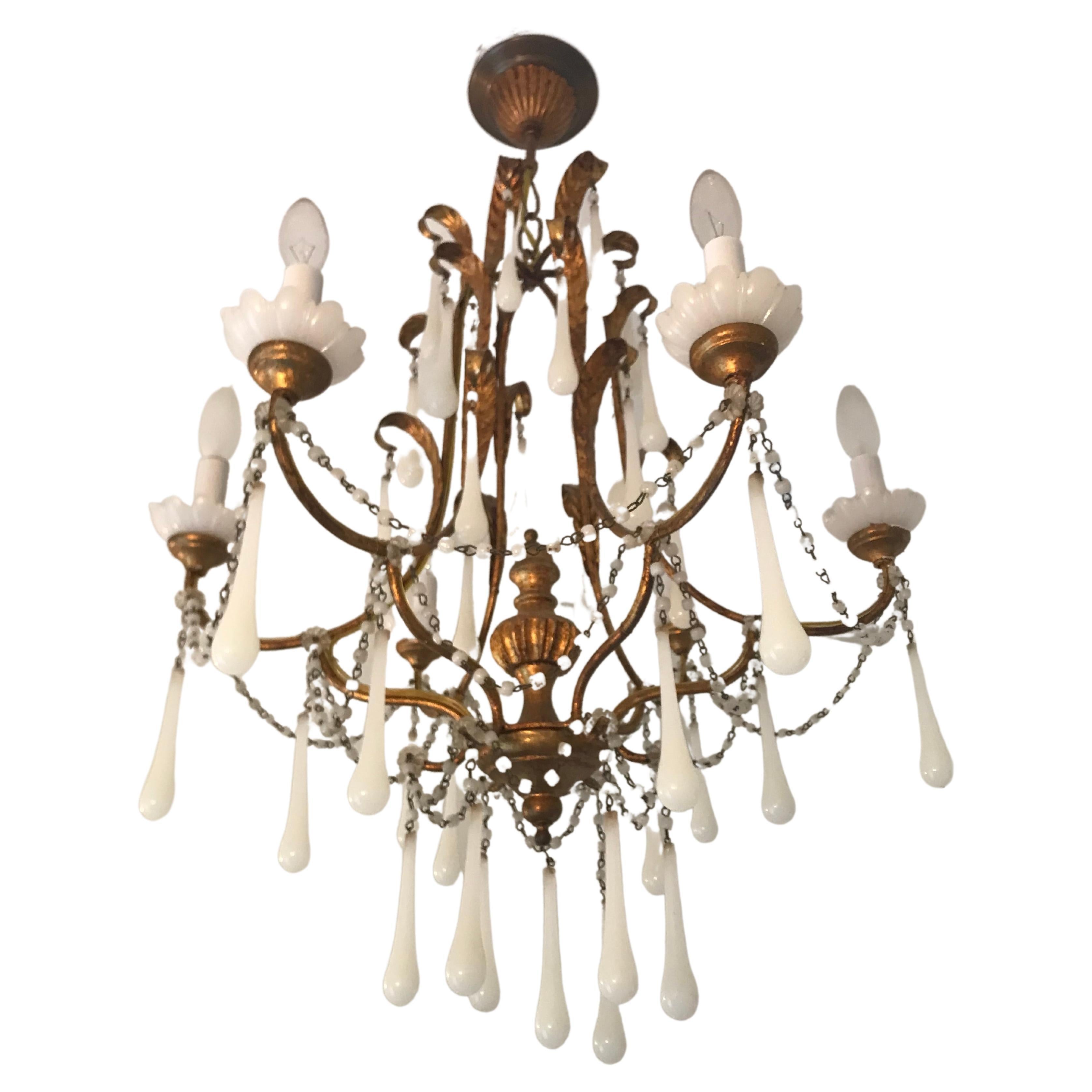 Romantic Antique Gilt Chandelier with White Opaline Teardrop Crystals For Sale