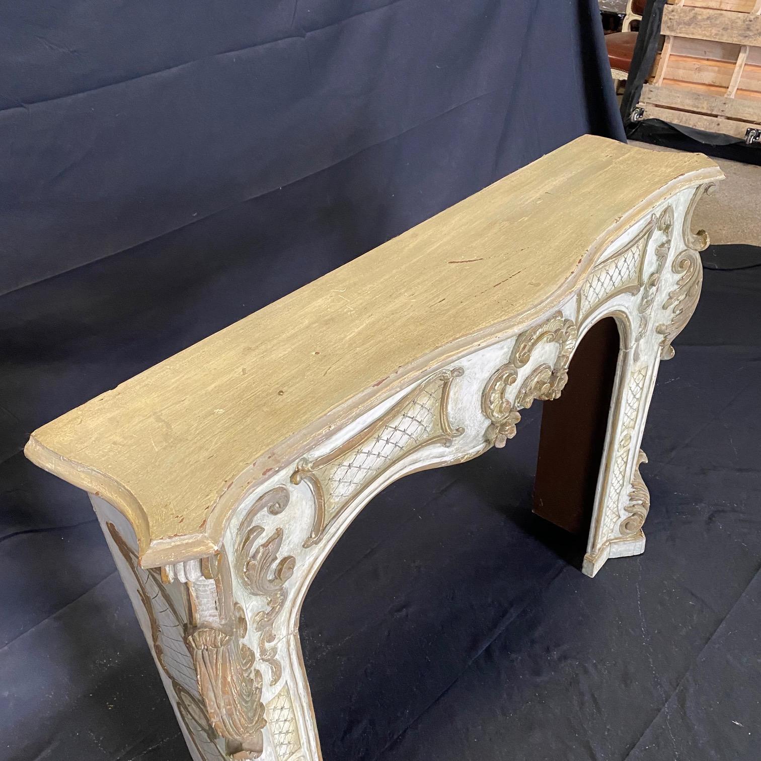 Romantic Antique Italian White & Gilded Baroque Style Fireplace Mantel 4