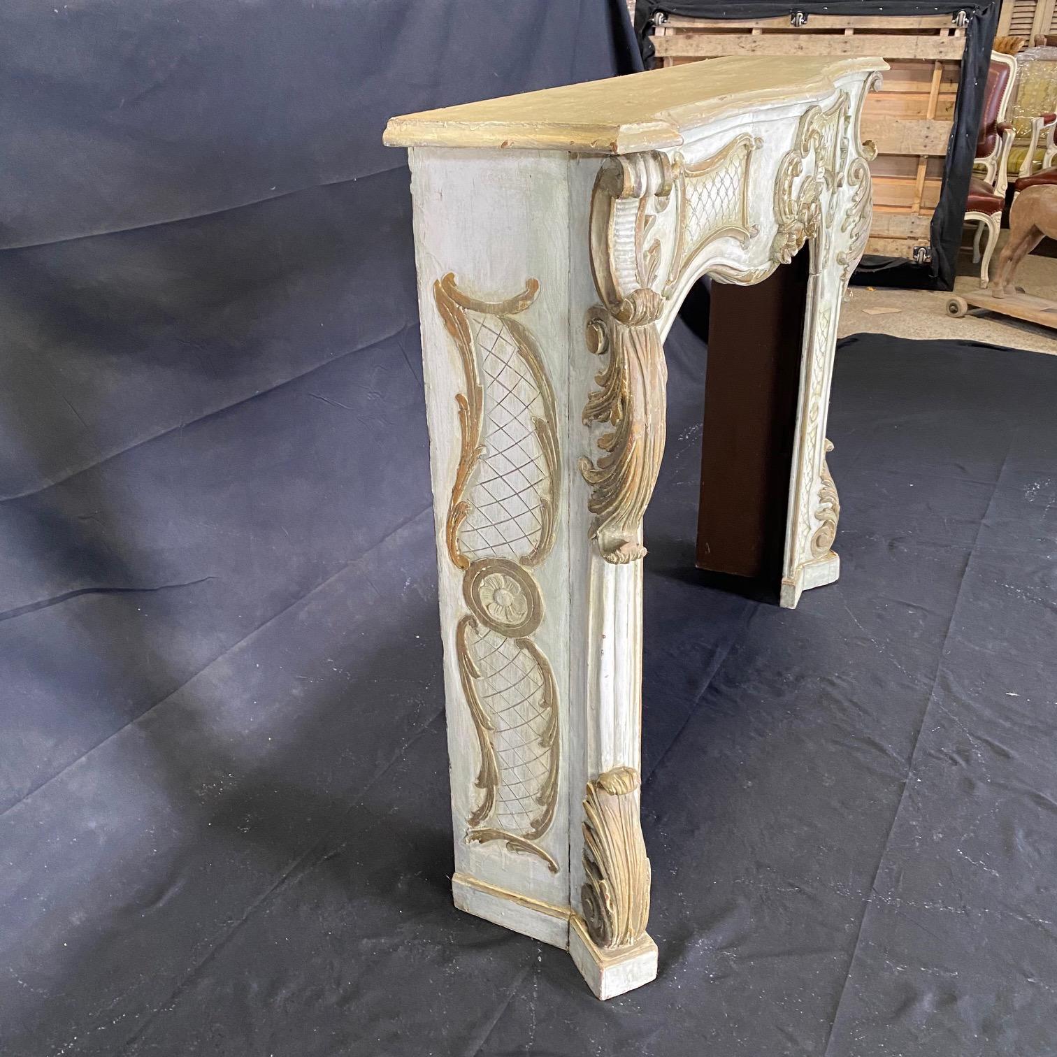 Wood Romantic Antique Italian White & Gilded Baroque Style Fireplace Mantel