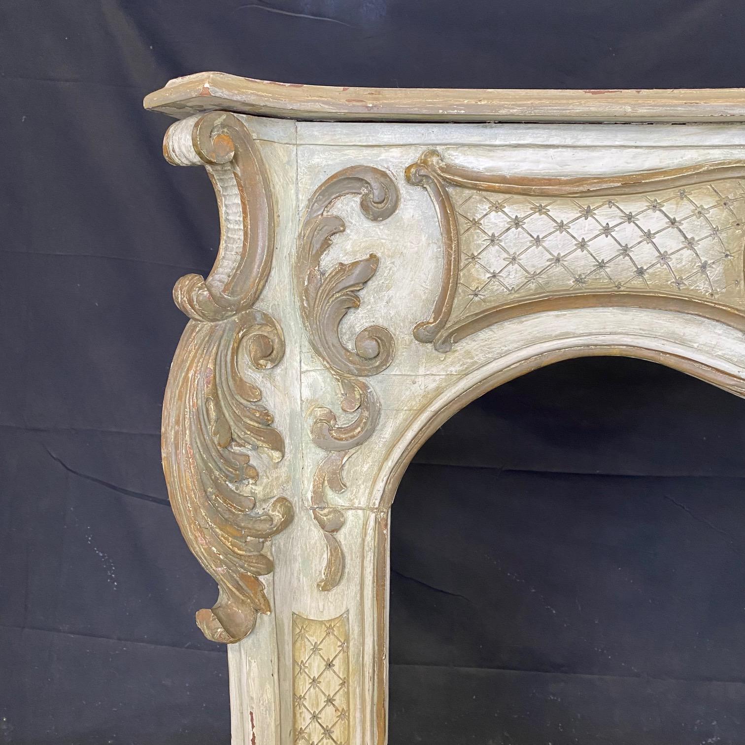 Romantic Antique Italian White & Gilded Baroque Style Fireplace Mantel 3