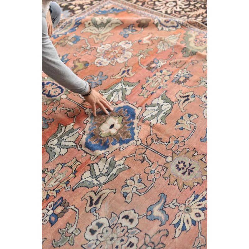 Romantic Antique Mahal Rug with Naive Botanical Drawing with Muted Apricot For Sale 11