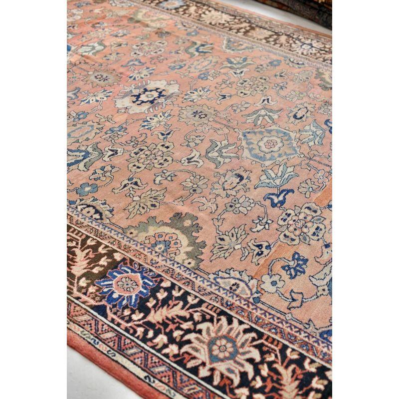 Romantic Antique Mahal Rug with Naive Botanical Drawing with Muted Apricot In Good Condition For Sale In Milwaukee, WI