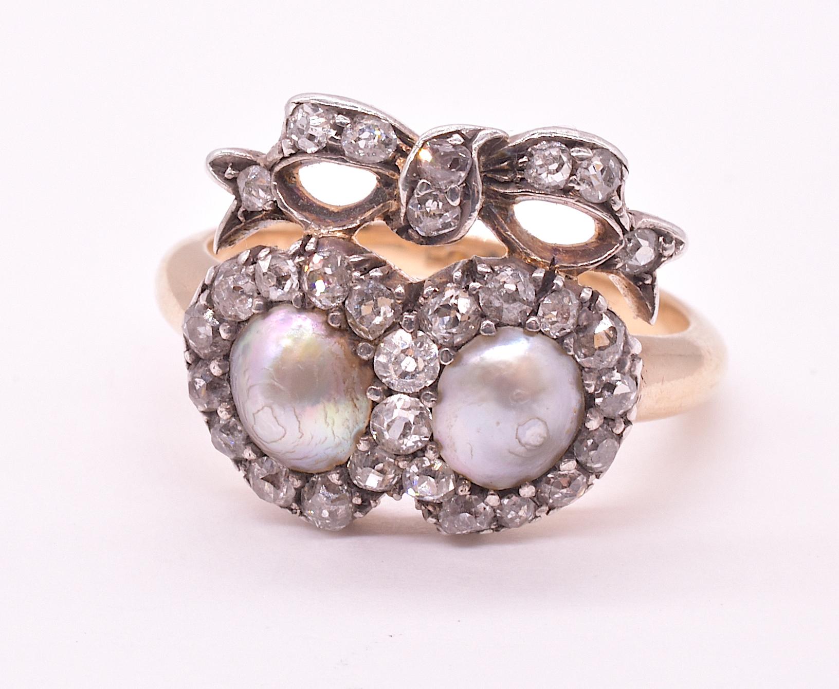 Romantic Antique Pearl and Diamond Twin Heart Ring 7