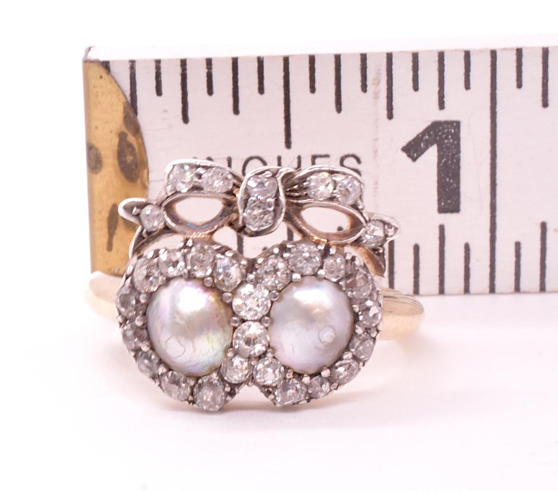 Romantic Antique Pearl and Diamond Twin Heart Ring In Excellent Condition In Baltimore, MD