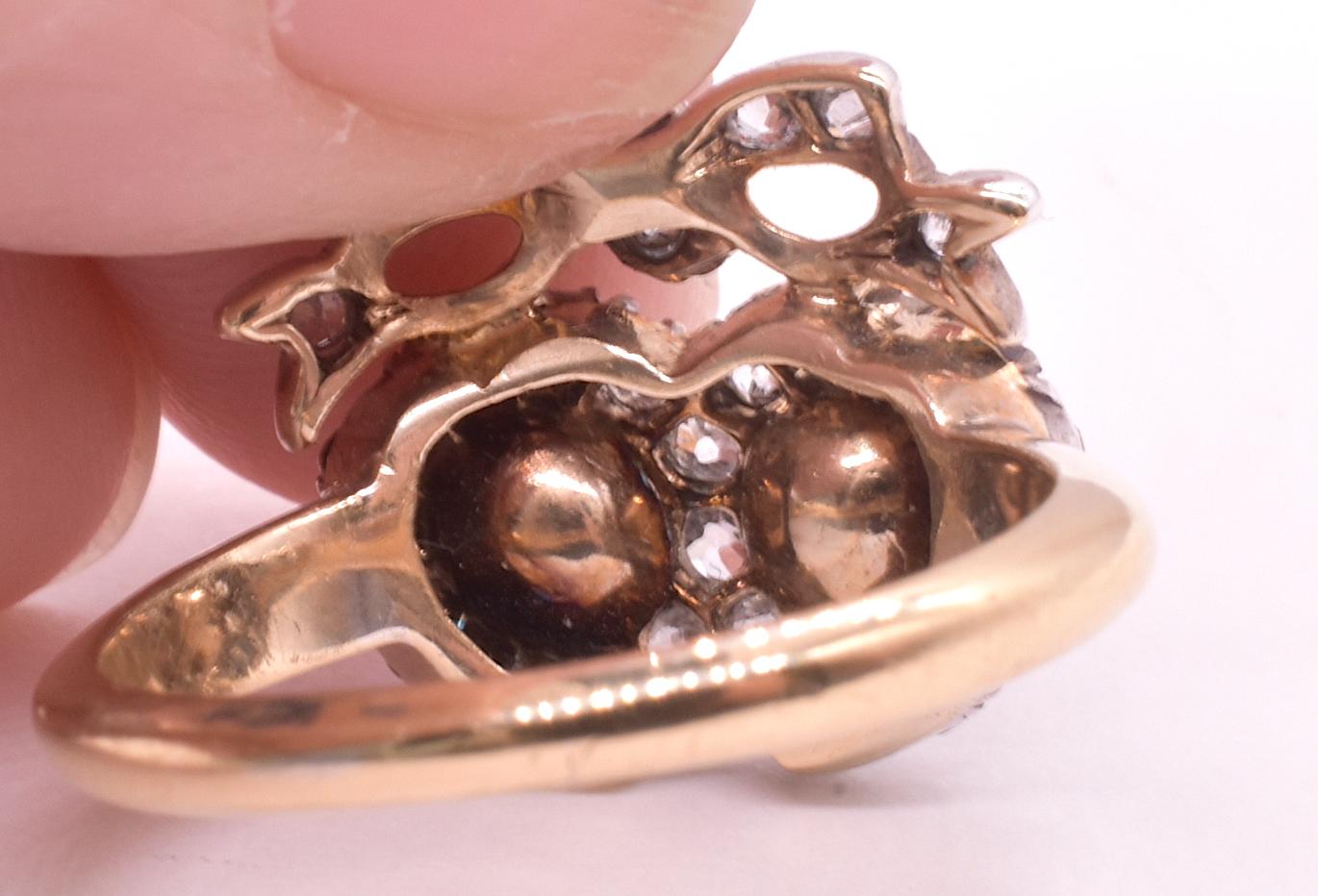 Women's Romantic Antique Pearl and Diamond Twin Heart Ring