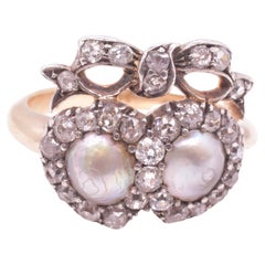 Romantic Antique Pearl and Diamond Twin Heart Ring
