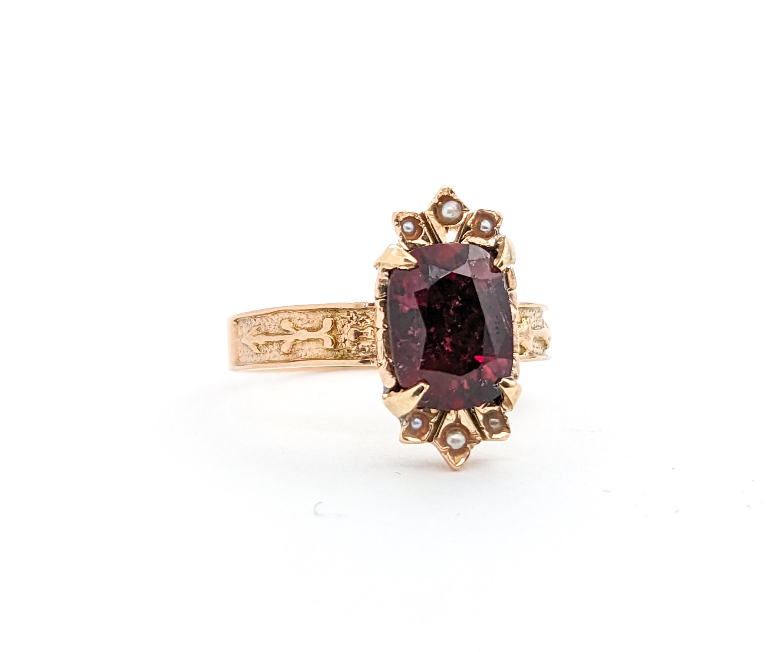 Modernist Romantic Antique Rubellite Tourmaline & Seed Pearl Ring in Yellow Gold For Sale