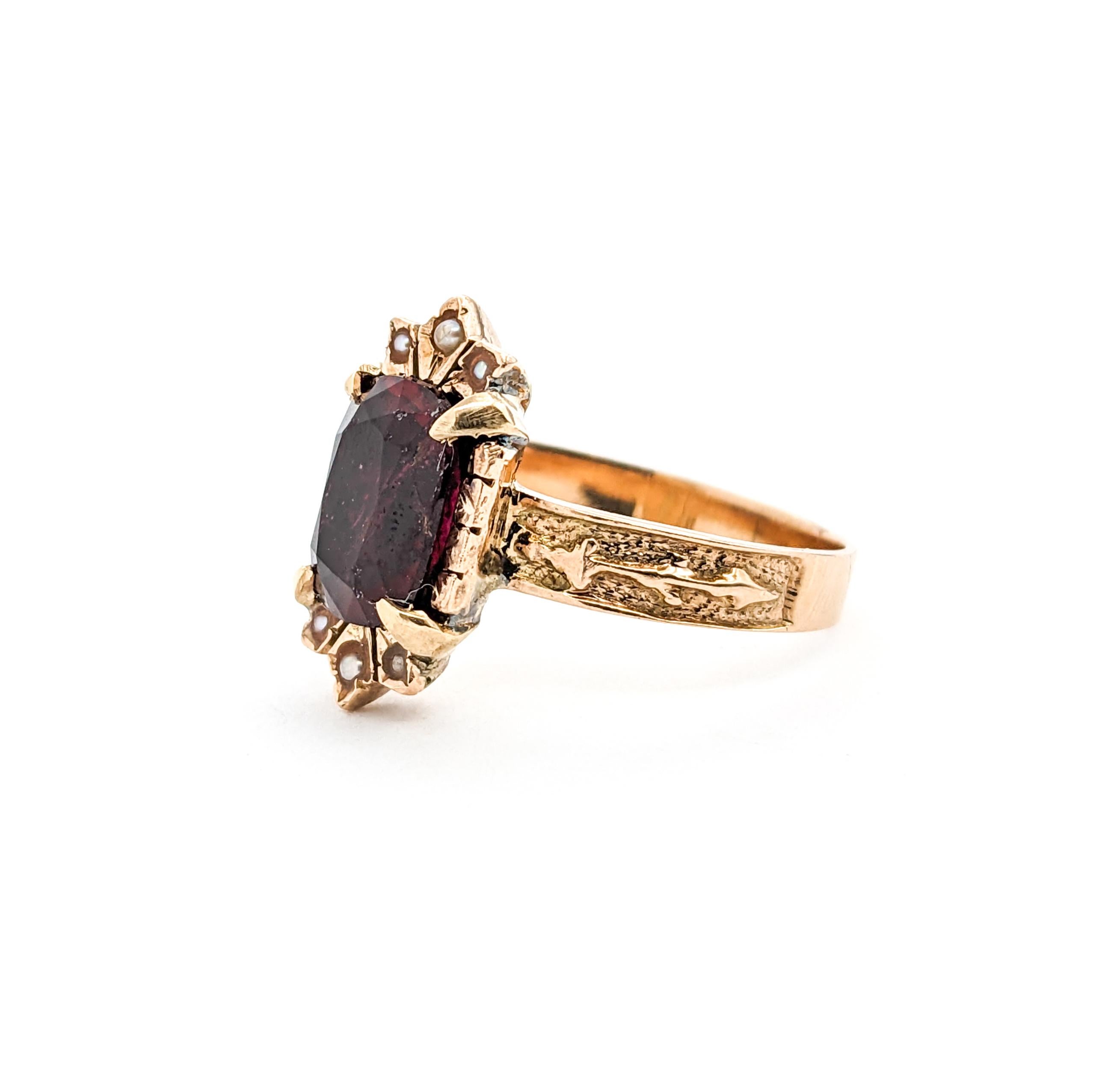 Women's Romantic Antique Rubellite Tourmaline & Seed Pearl Ring in Yellow Gold For Sale