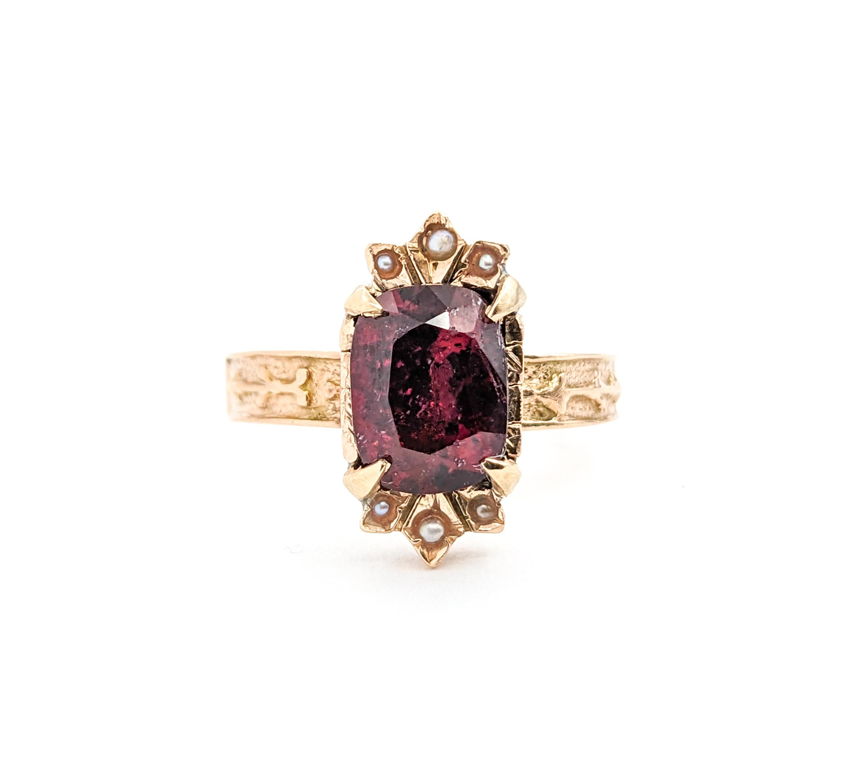 Romantic Antique Rubellite Tourmaline & Seed Pearl Ring in Yellow Gold For Sale 1