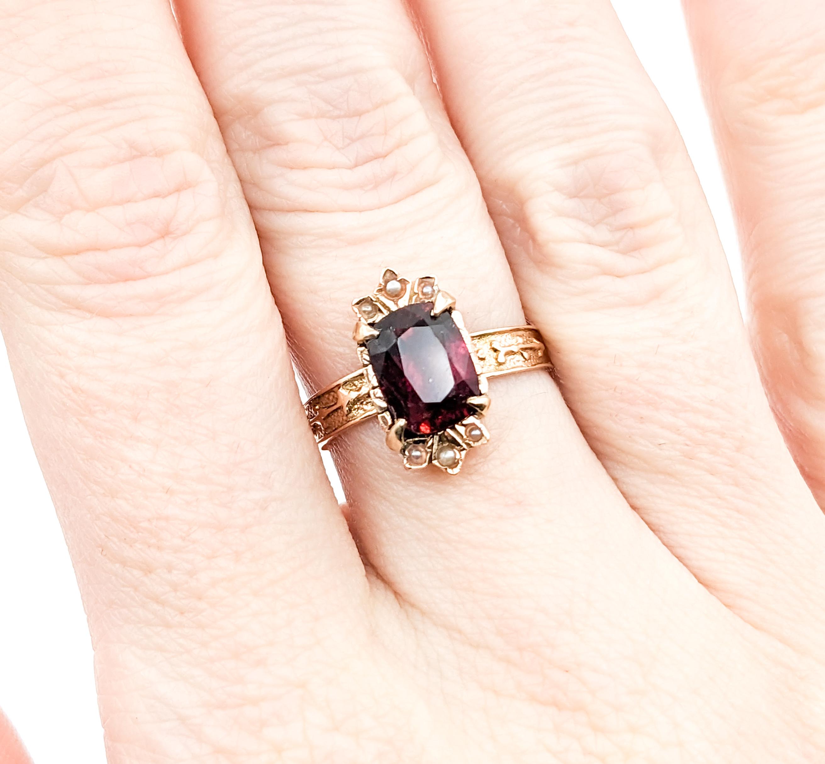 Romantic Antique Rubellite Tourmaline & Seed Pearl Ring in Yellow Gold For Sale 2