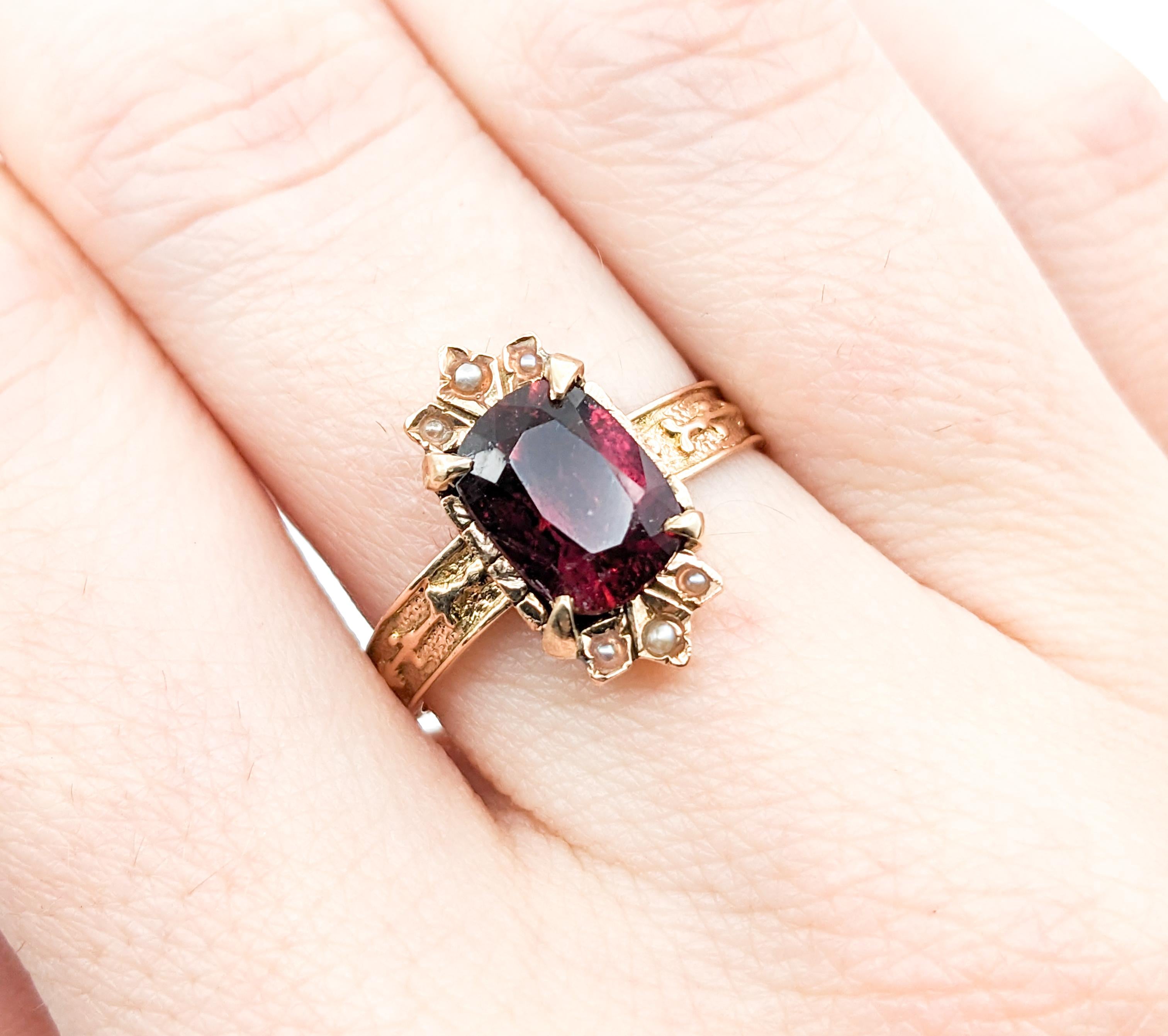 Romantic Antique Rubellite Tourmaline & Seed Pearl Ring in Yellow Gold For Sale 3