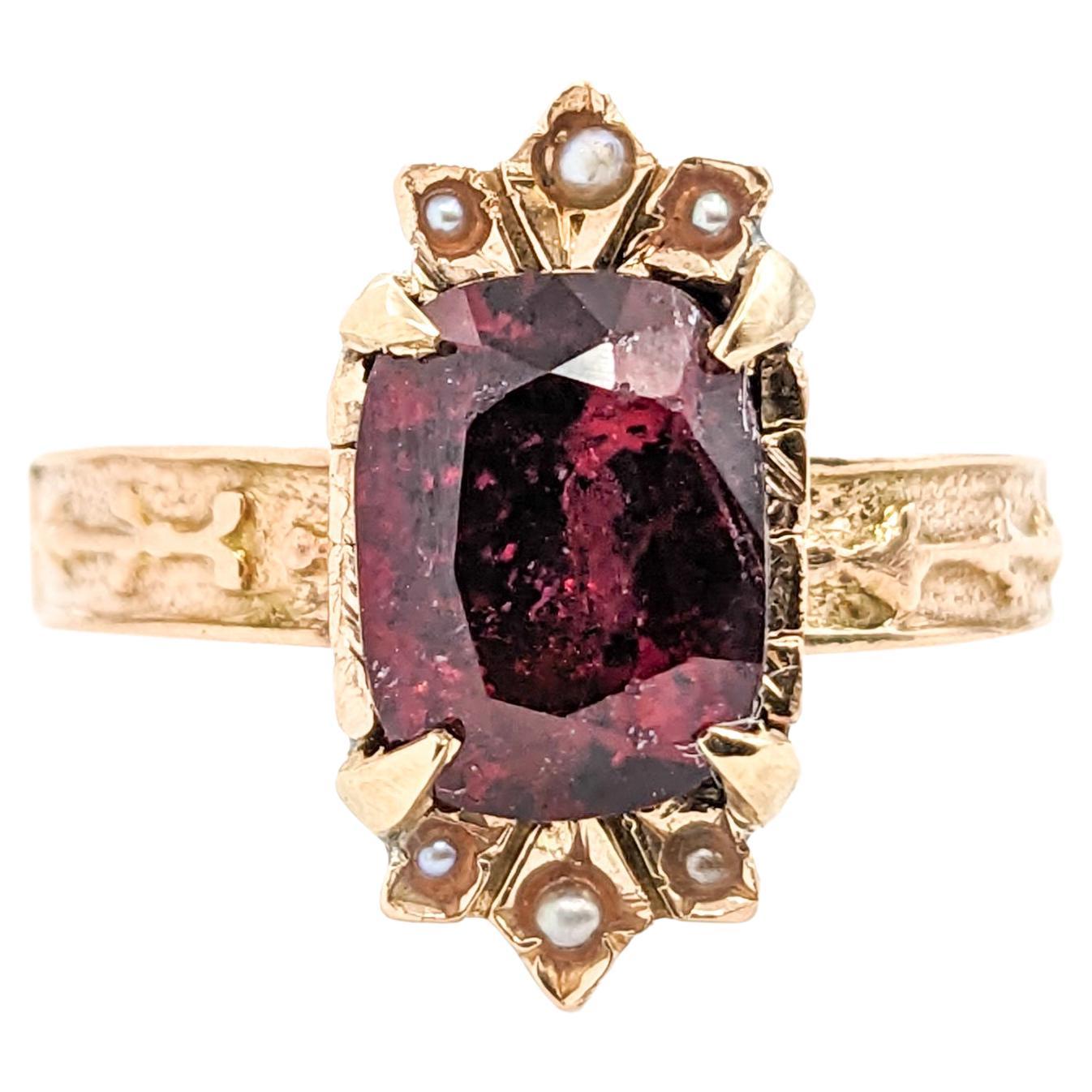 Romantic Antique Rubellite Tourmaline & Seed Pearl Ring in Yellow Gold For Sale