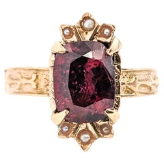 Romantic Antique Rubellite Tourmaline & Seed Pearl Ring in Yellow Gold