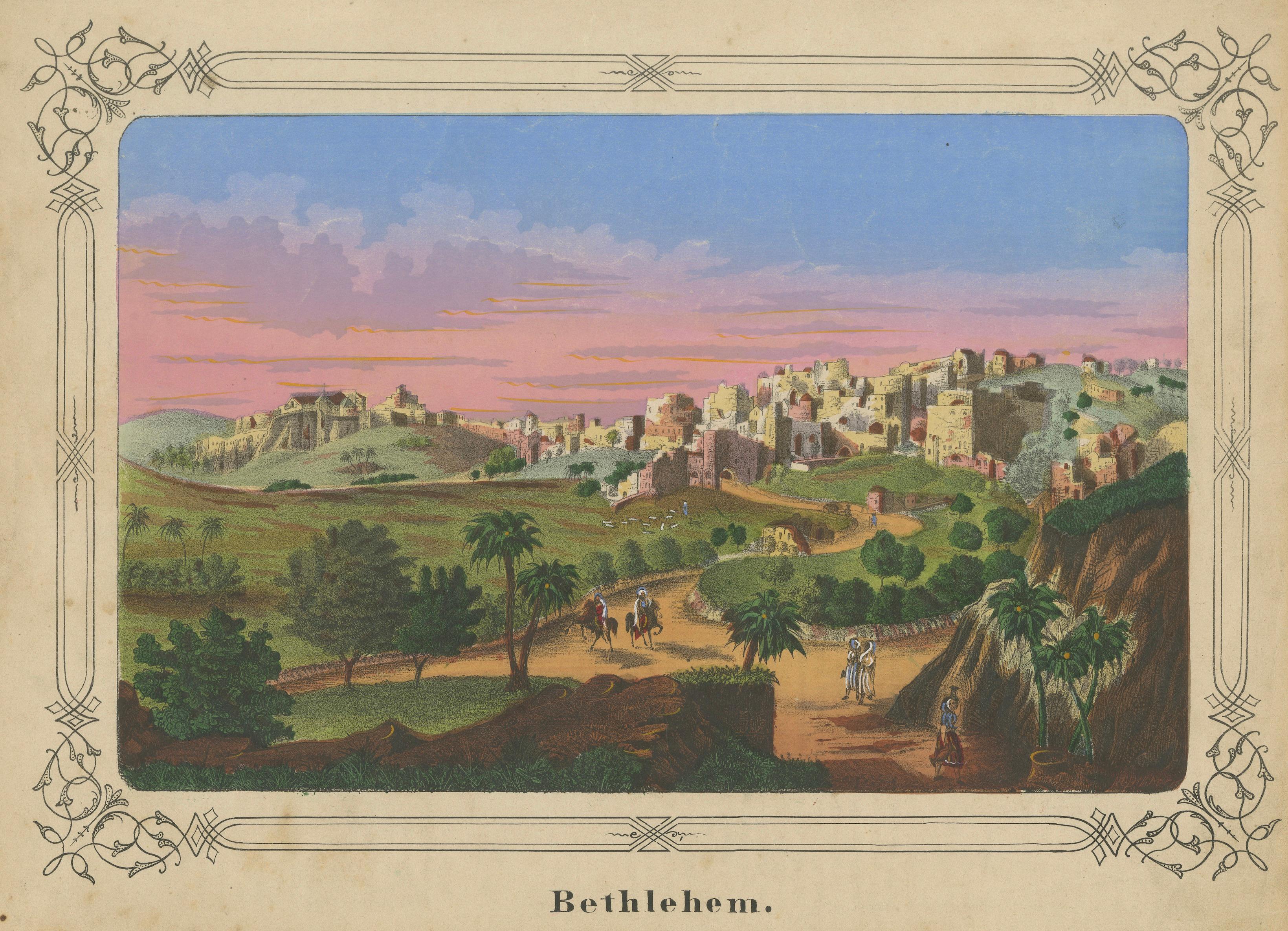 Romantic Antique View of Bethlehem Holy Land under a Pink Sunset, ca. 1850