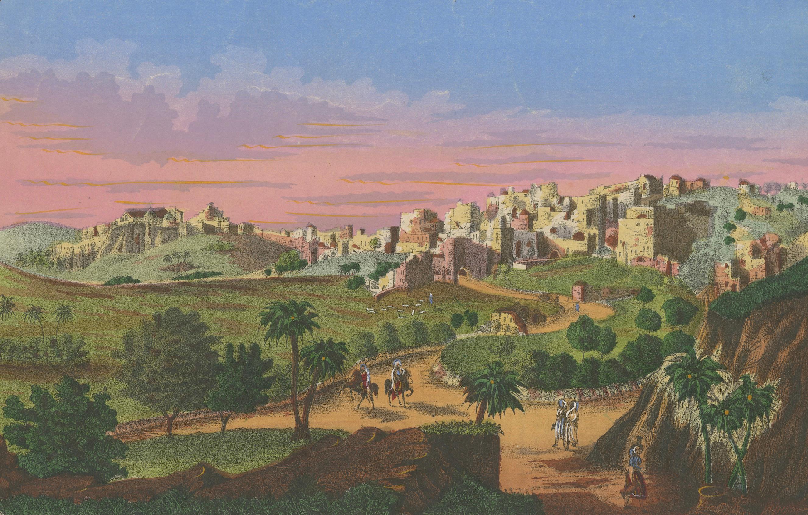 Romantic Antique View of Bethlehem Holy Land under a Pink Sunset, ca. 1850