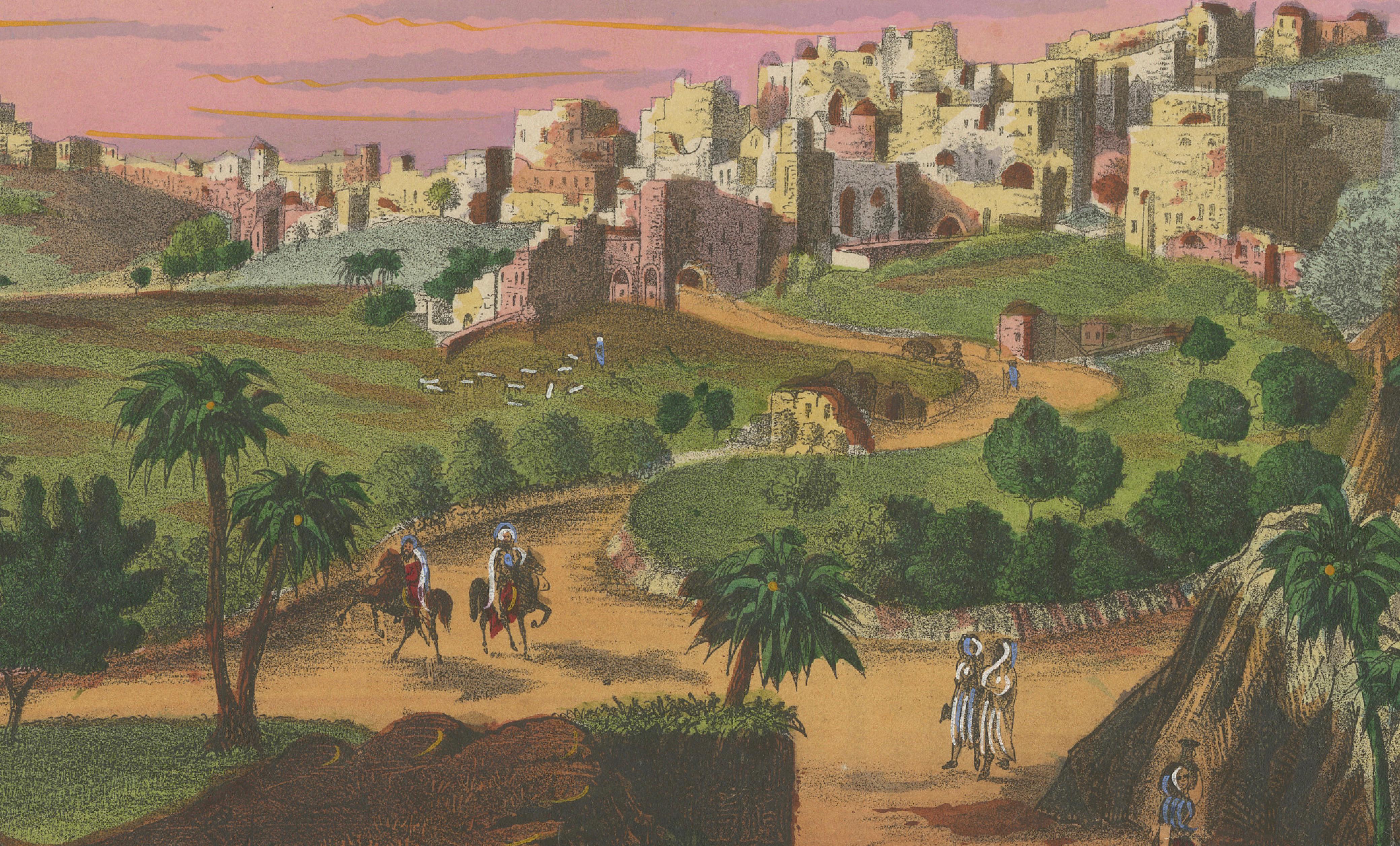 Romantic Antique View of Bethlehem Holy Land under a Pink Sunset, ca. 1850