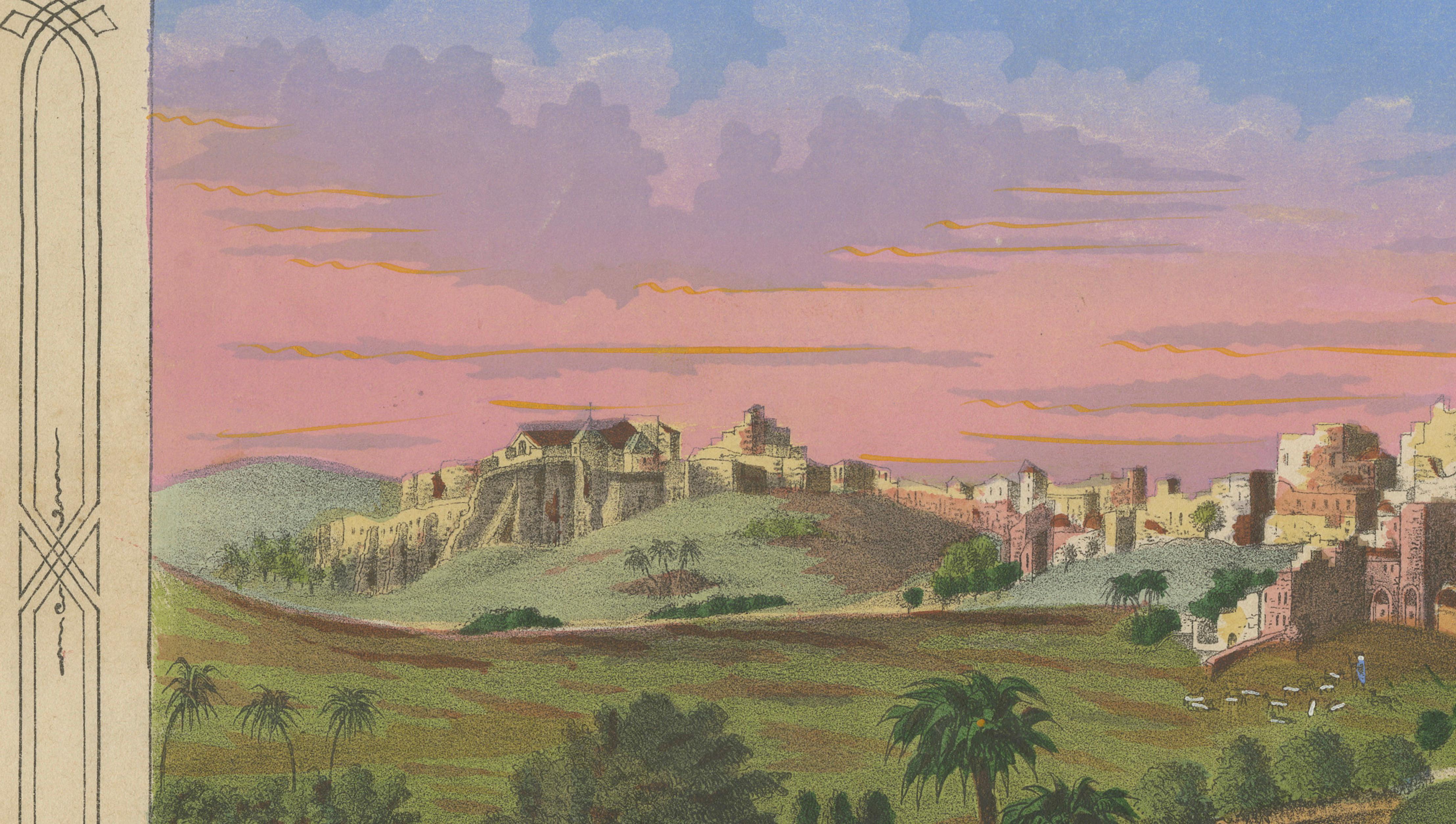 Romantic Antique View of Bethlehem Holy Land under a Pink Sunset, ca. 1850