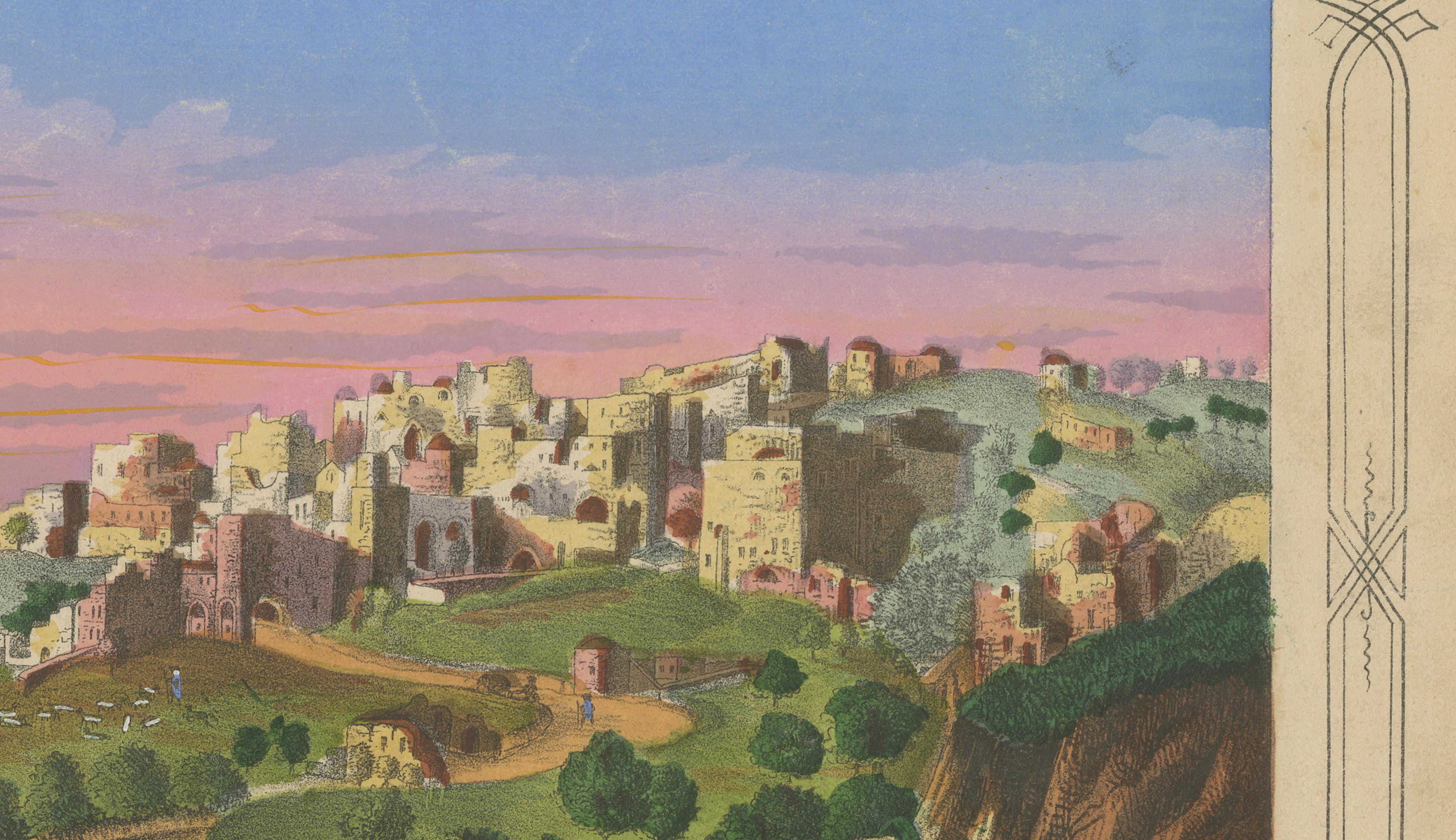 Romantic Antique View of Bethlehem Holy Land under a Pink Sunset, ca. 1850