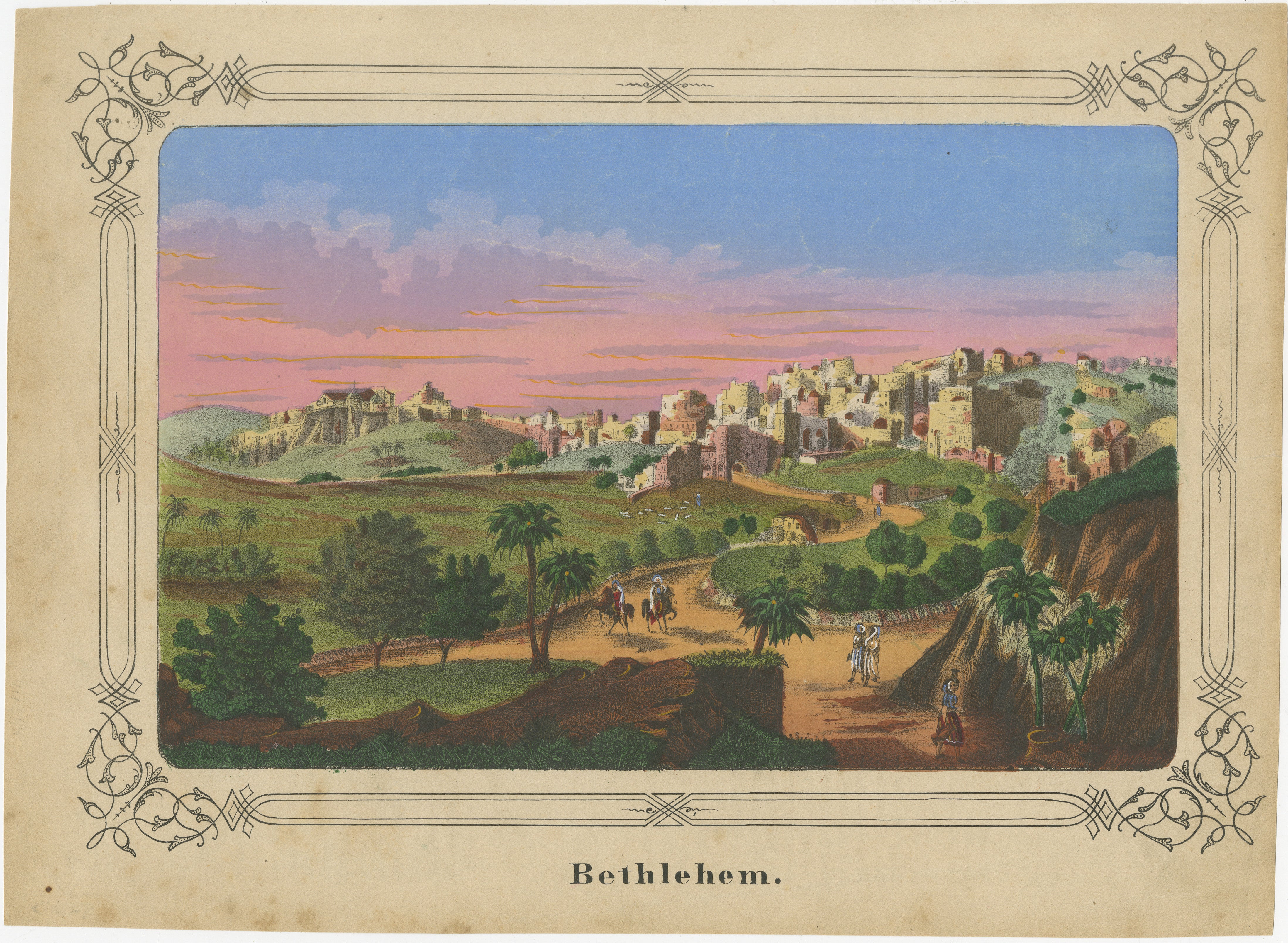 Romantic Antique View of Bethlehem Holy Land under a Pink Sunset, ca. 1850