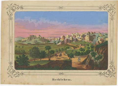Romantic Antique View of Bethlehem Holy Land under a Pink Sunset, ca. 1850
