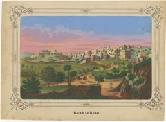 Romantica veduta antica della Terra Santa di Betlemme sotto un tramonto rosa, 1850 ca.