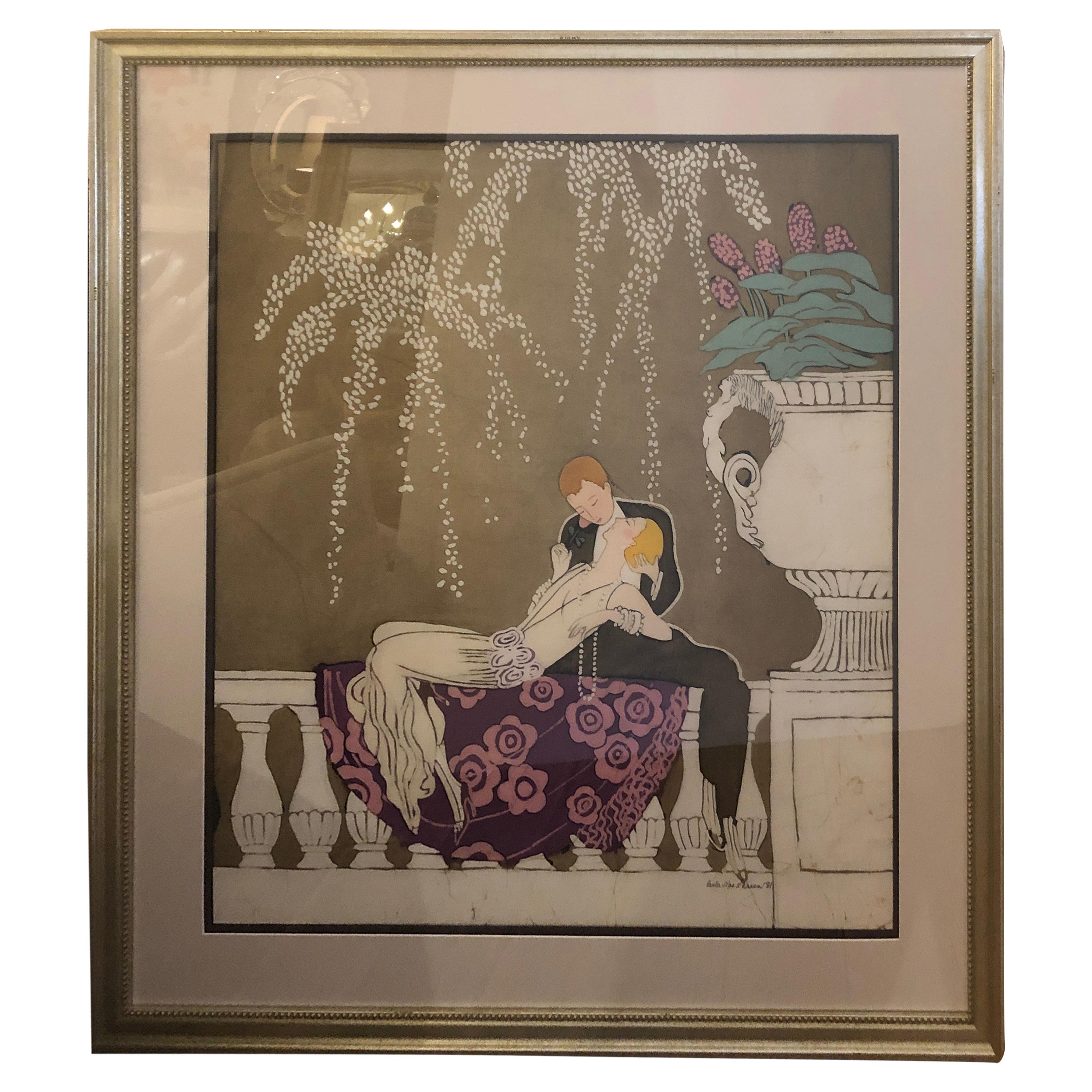 Romantic Art Nouveau Batik of Kissing Lovers