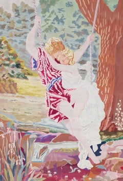 Romantic Art Nouveau Tapestry or Wall Hanging Representing Two Lovers in a Swing