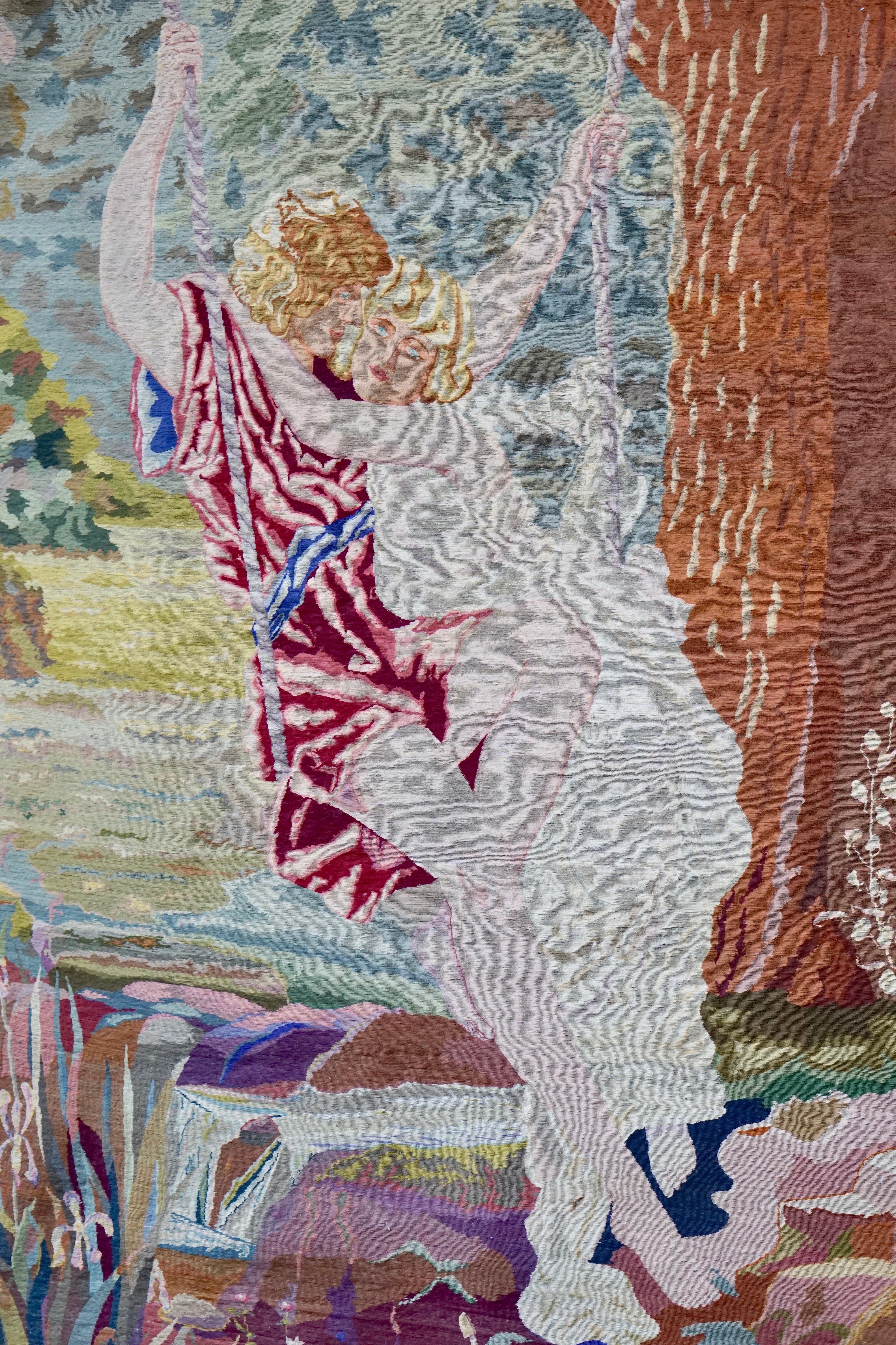 Romantic Art Nouveau Tapestry or Wall Hanging Representing Two Lovers in a Swing In Good Condition In Antwerp, BE