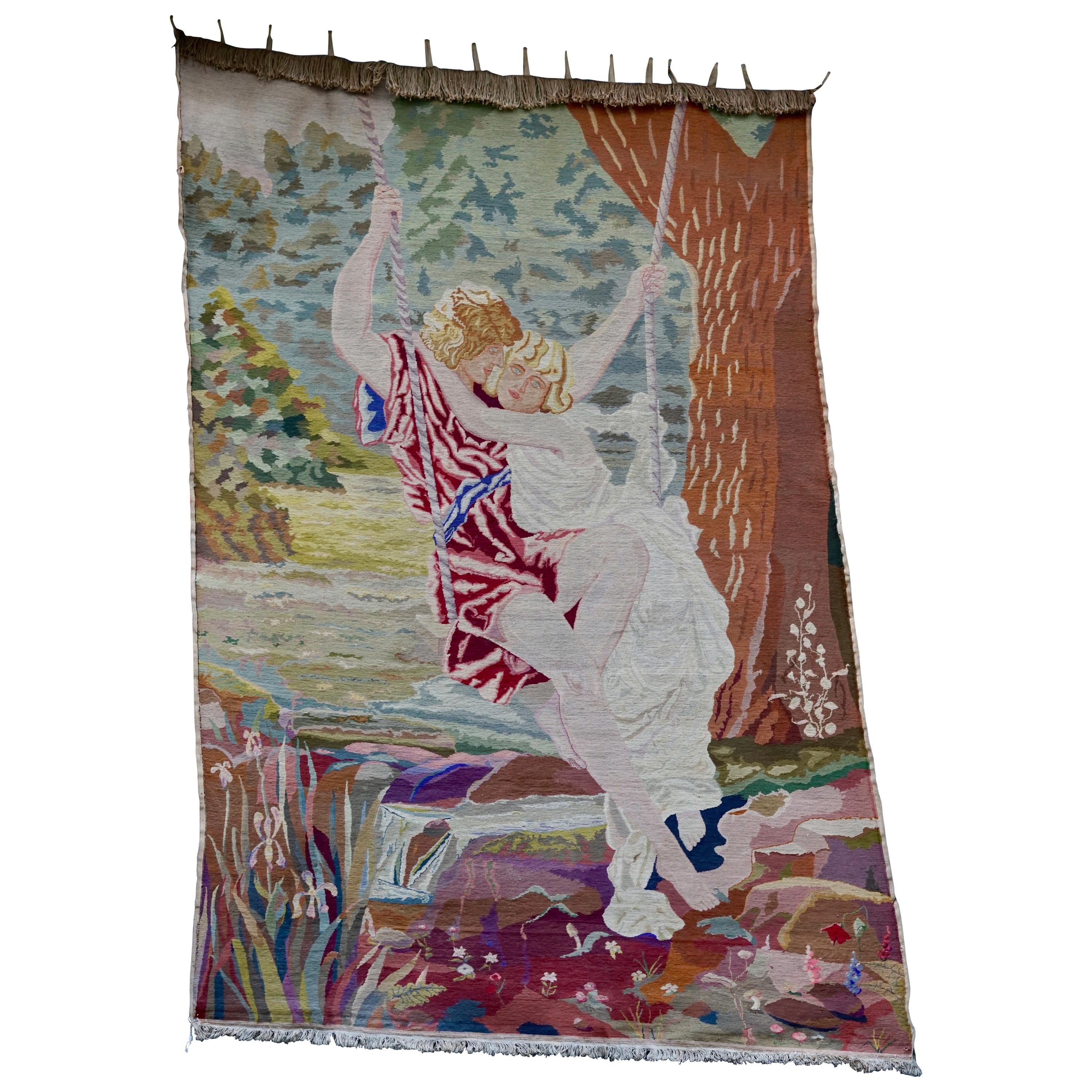 Romantic Art Nouveau Tapestry or Wall Hanging Representing Two Lovers in a Swing