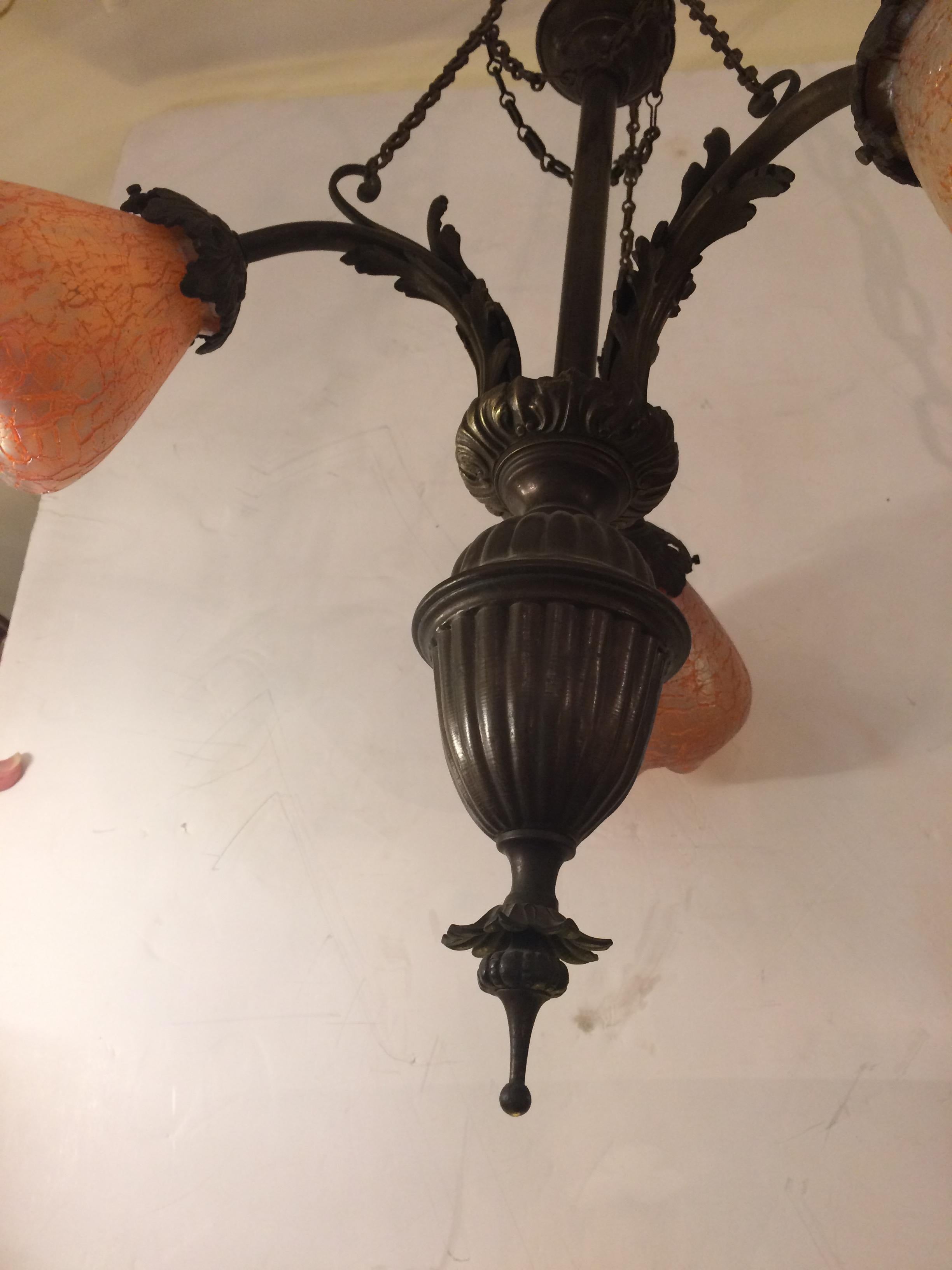 American Romantic Art Noveau Bronze and Tangerine Glass Chandelier