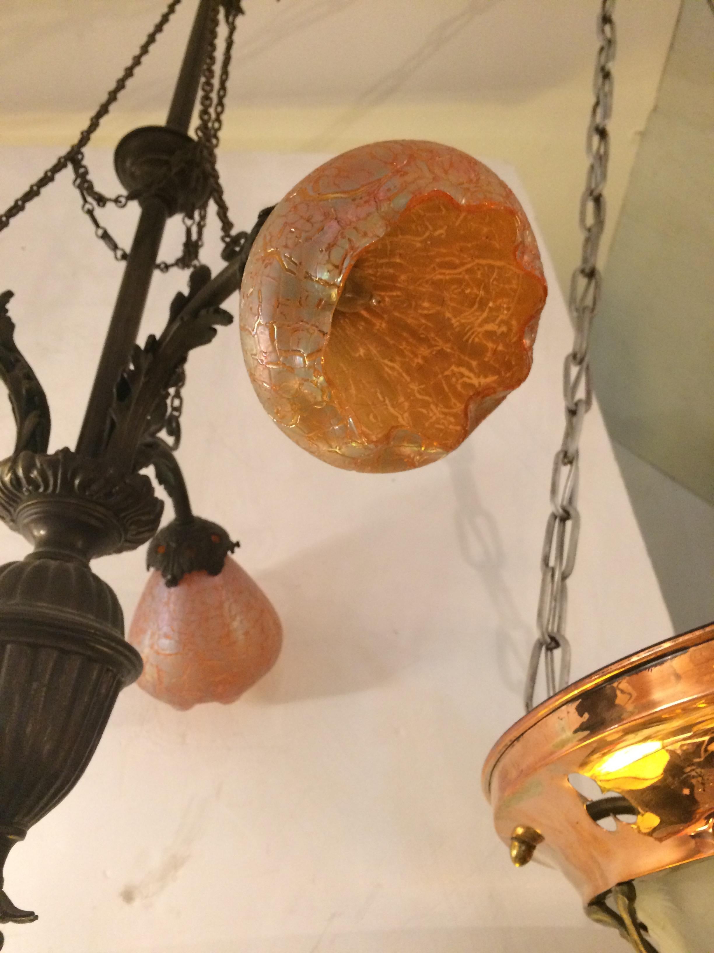 19th Century Romantic Art Noveau Bronze and Tangerine Glass Chandelier