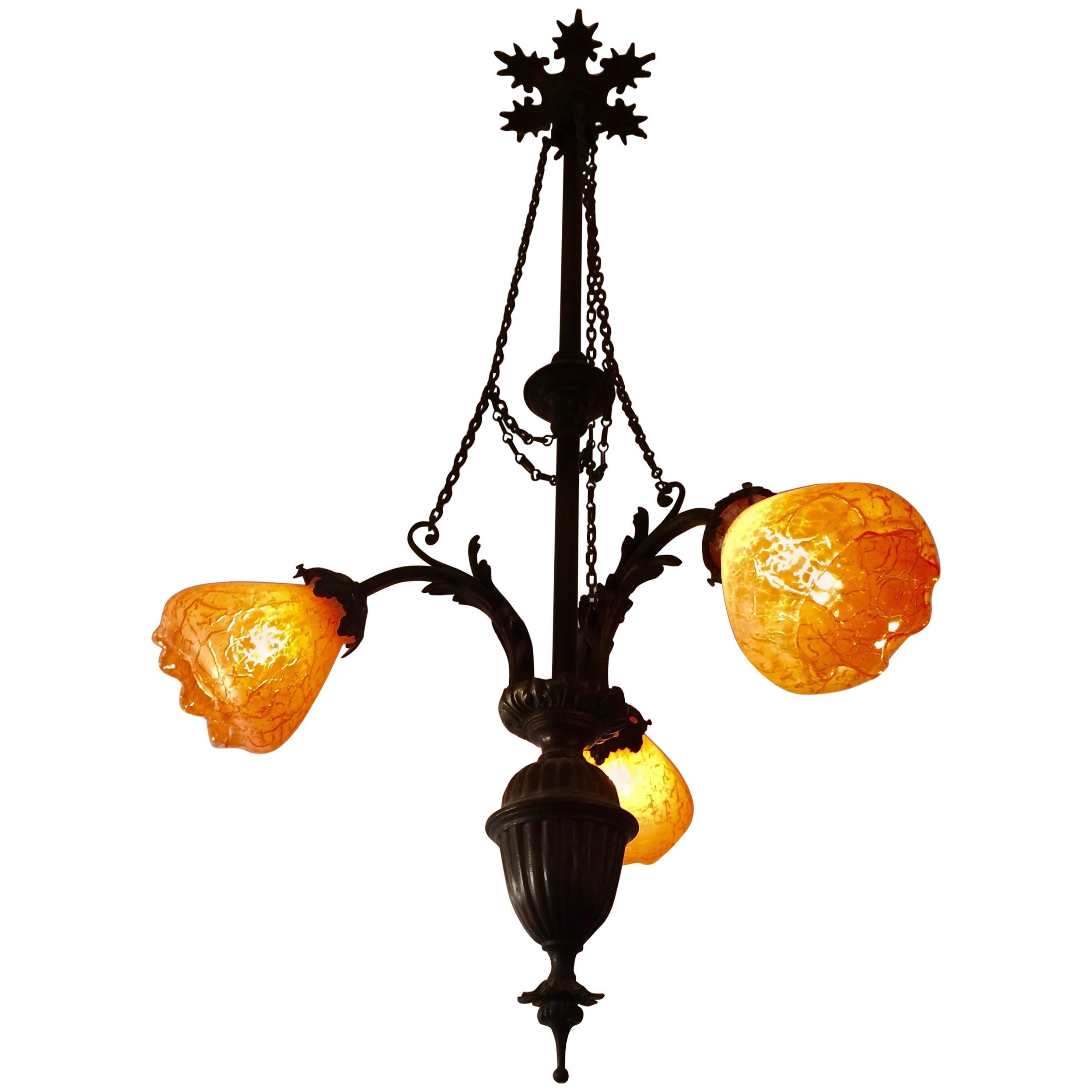 Romantic Art Noveau Bronze and Tangerine Glass Chandelier