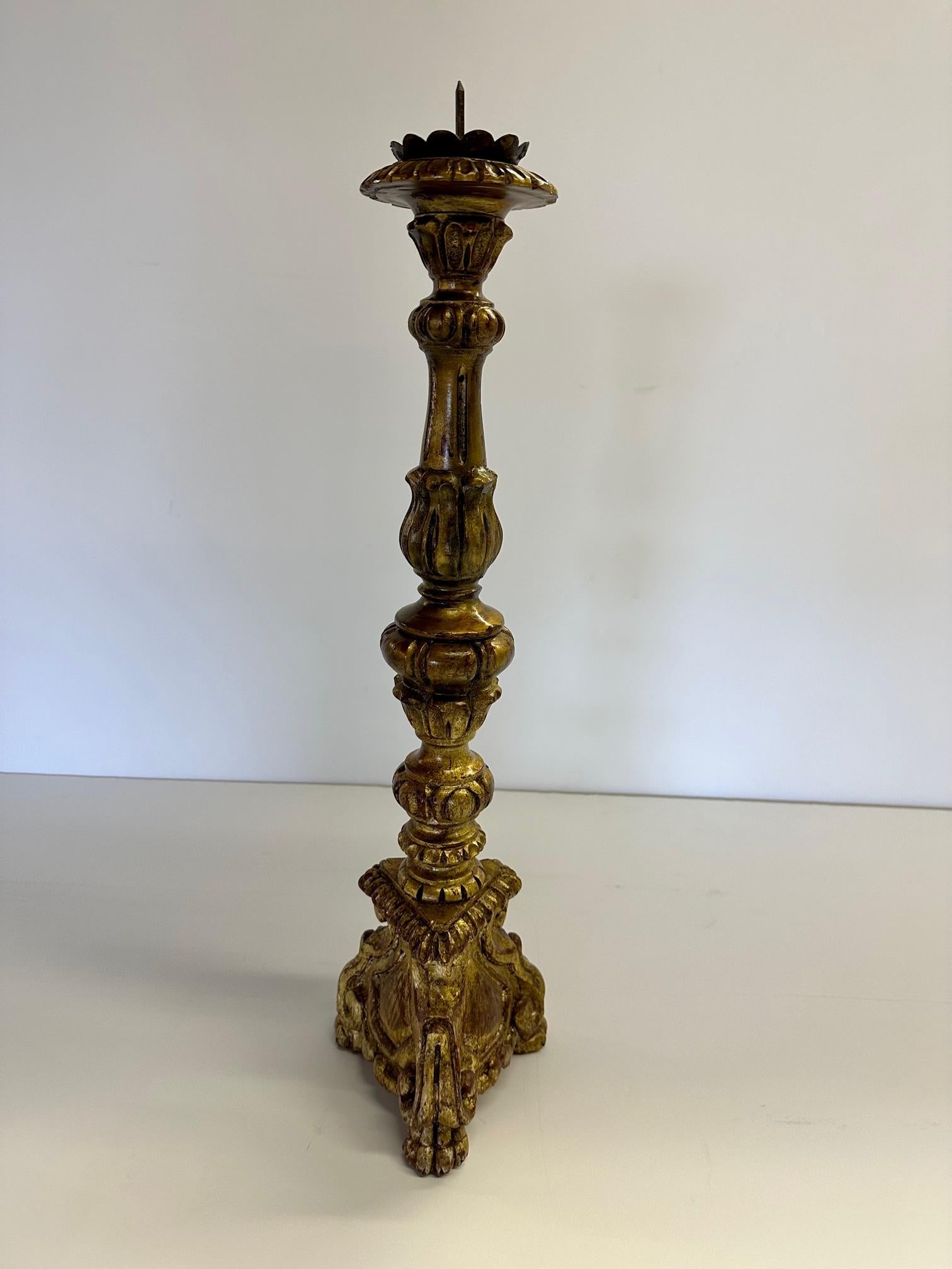 Italian Romantic Assembled Collection of 3 Vintage Hand Carved Gilded Candlesticks For Sale