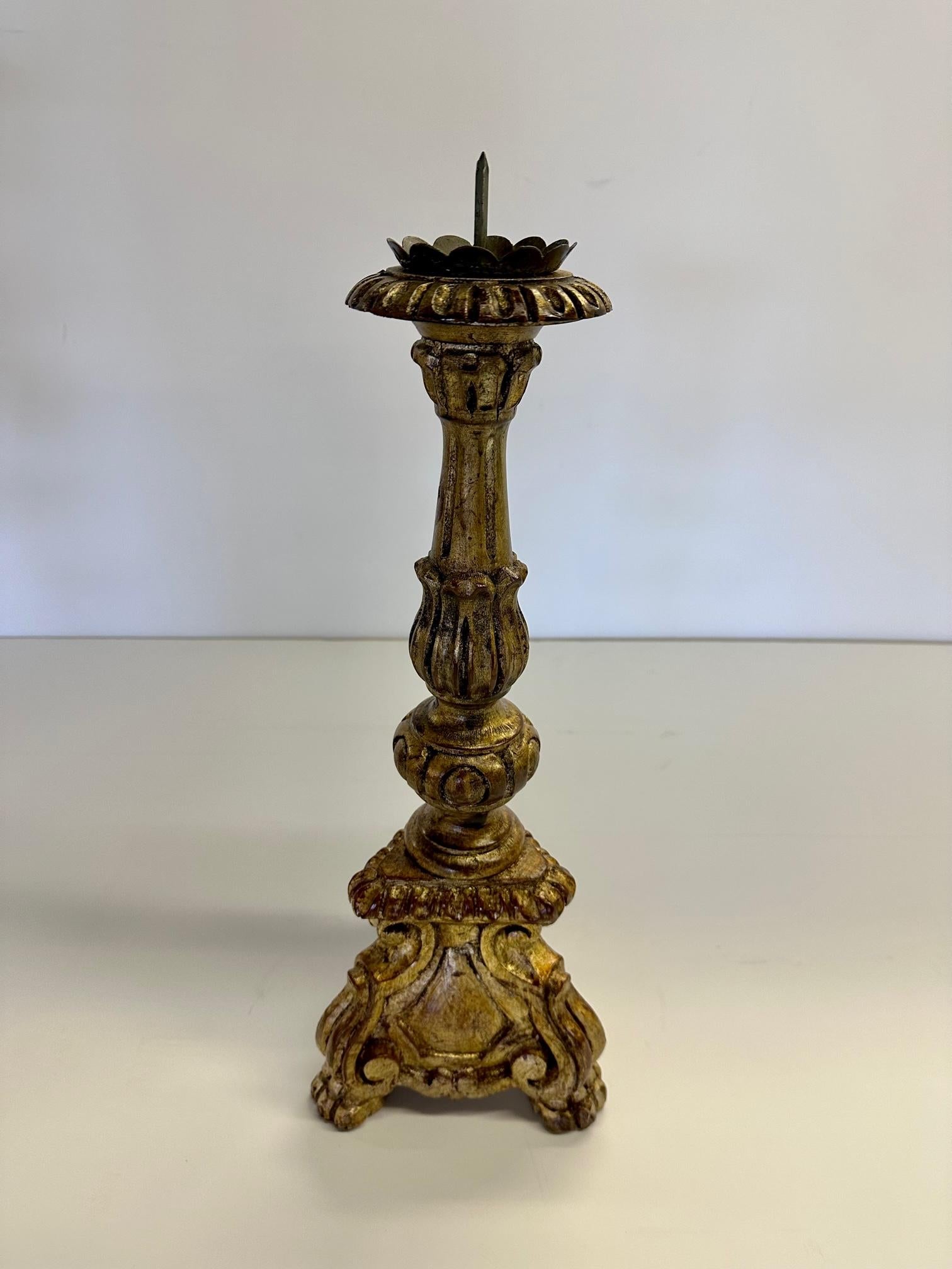 Romantic Assembled Collection of 3 Vintage Hand Carved Gilded Candlesticks In Good Condition For Sale In Hopewell, NJ