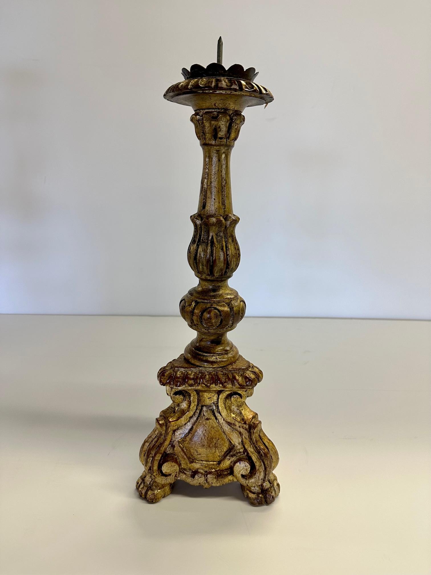 Mid-20th Century Romantic Assembled Collection of 3 Vintage Hand Carved Gilded Candlesticks For Sale