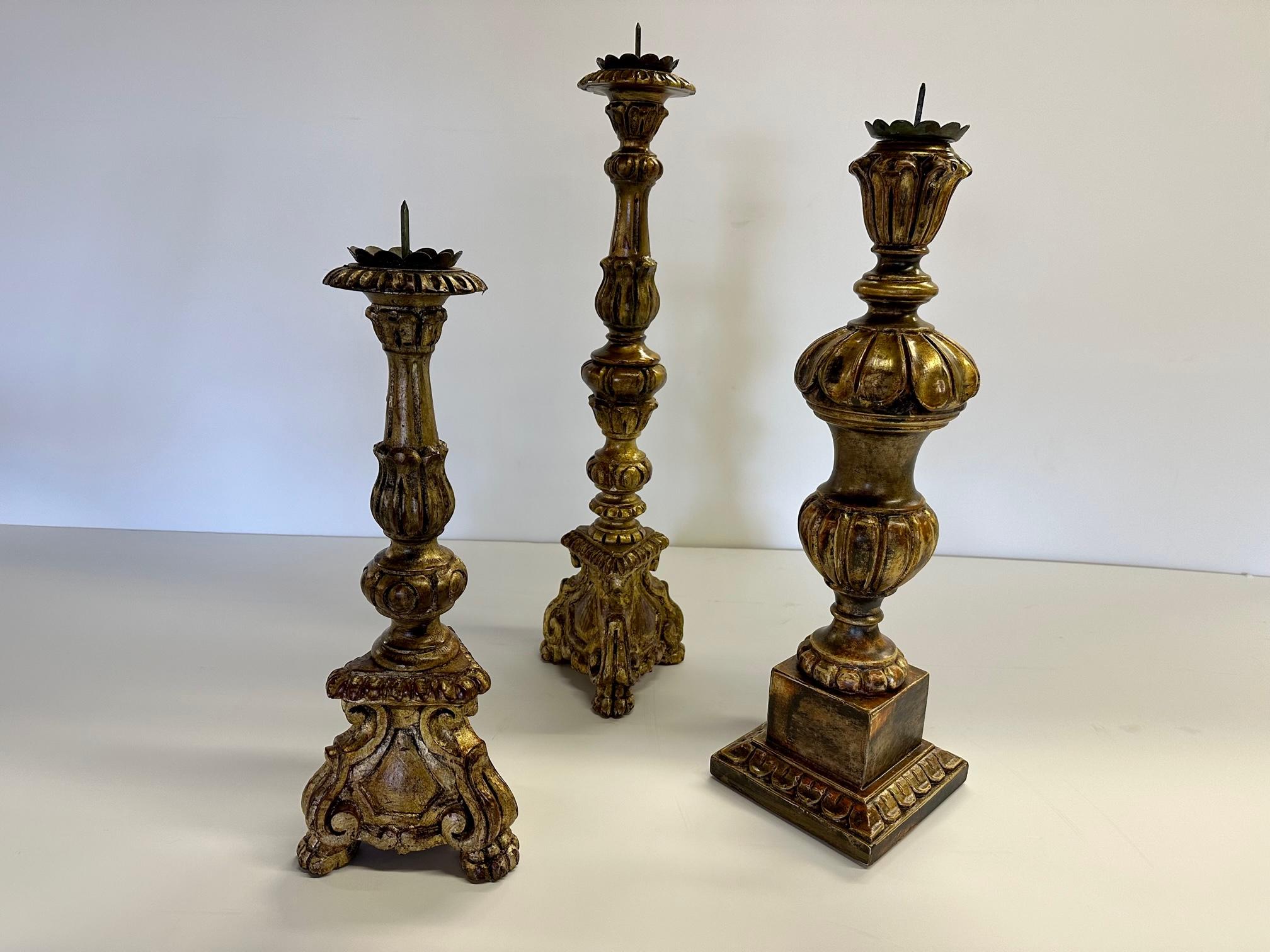 Romantic Assembled Collection of 3 Vintage Hand Carved Gilded Candlesticks For Sale 1