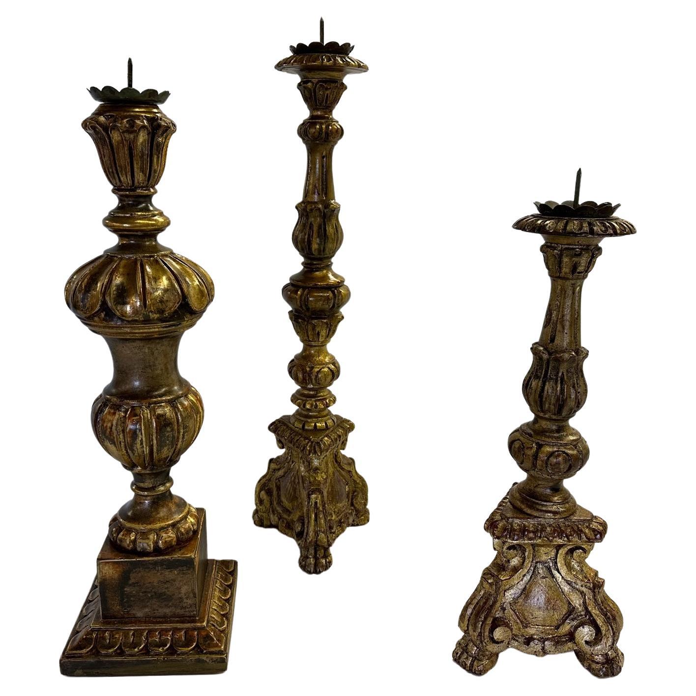 Romantic Assembled Collection of 3 Vintage Hand Carved Gilded Candlesticks For Sale