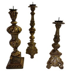 Romantic Assembled Collection of 3 Vintage Hand Carved Gilded Candlesticks