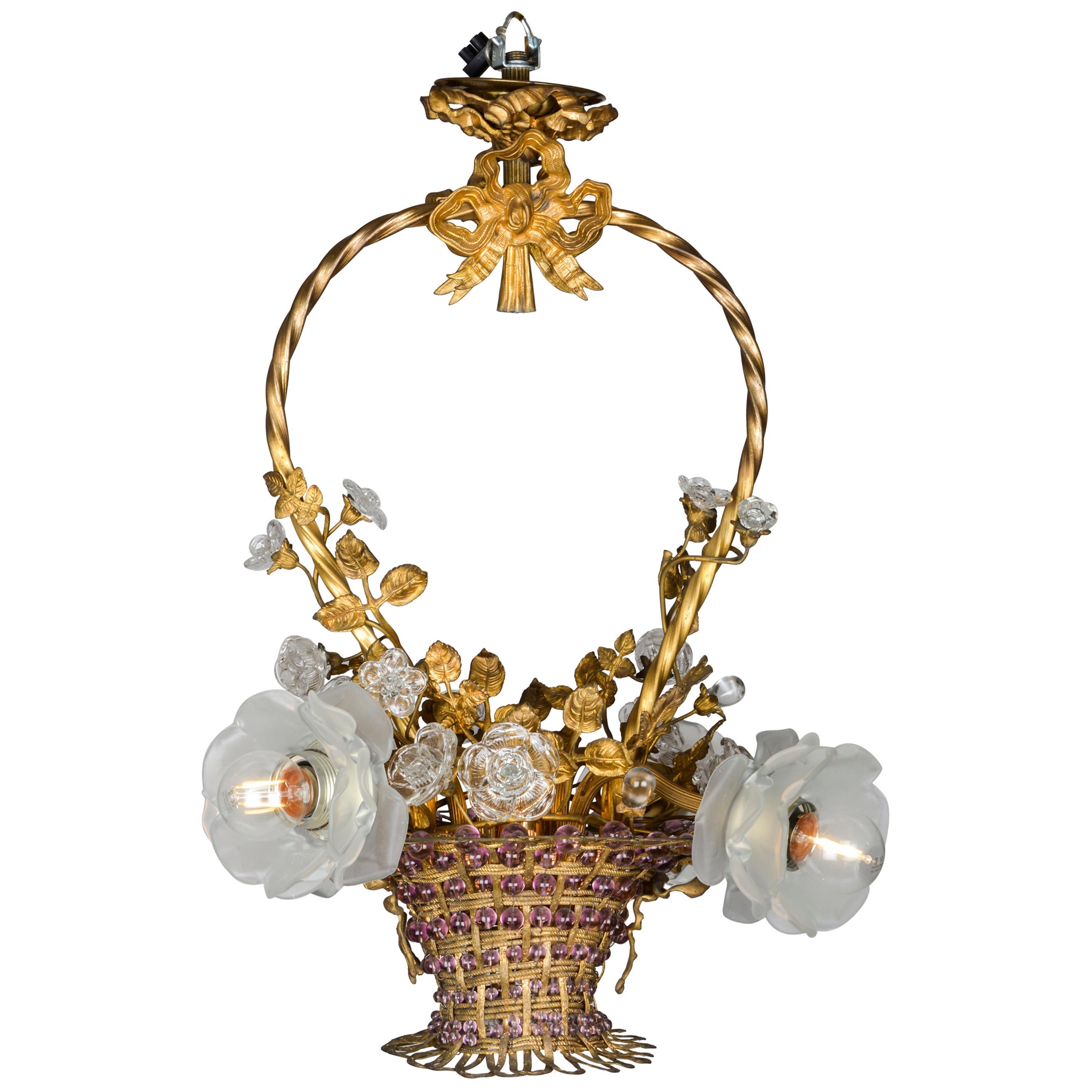 Romantic Biedermeier 5Lights Brass Flower Basket Chandelier with Glass
