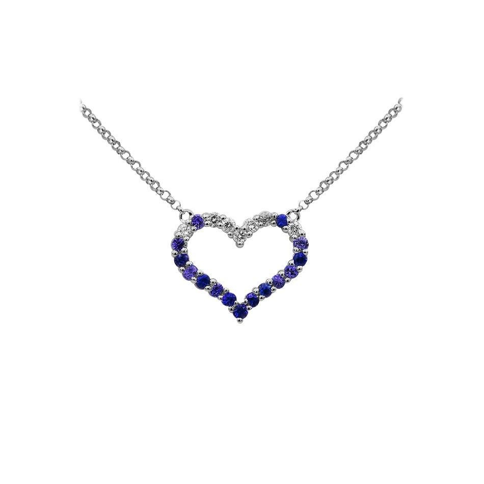 Moderne Collier joli cœur romantique en or blanc avec saphir bleu et diamant blanc en vente