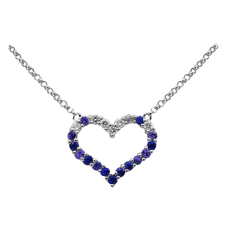 Collier joli cœur romantique en or blanc avec saphir bleu et diamant blanc