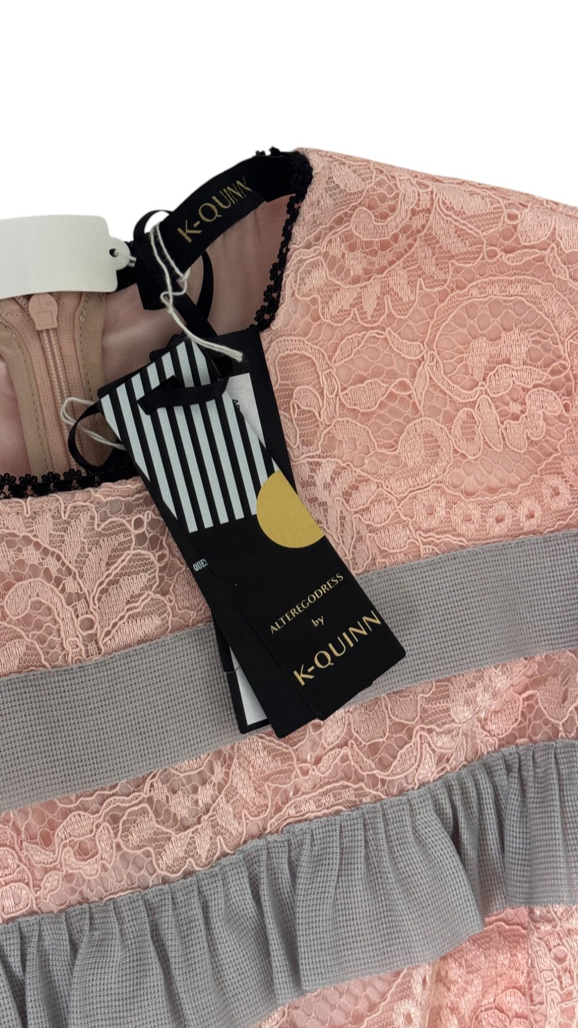 Romantic Blush Pink Lace Gown with Gray Ruffle Details by K-QUINN in vendita 5