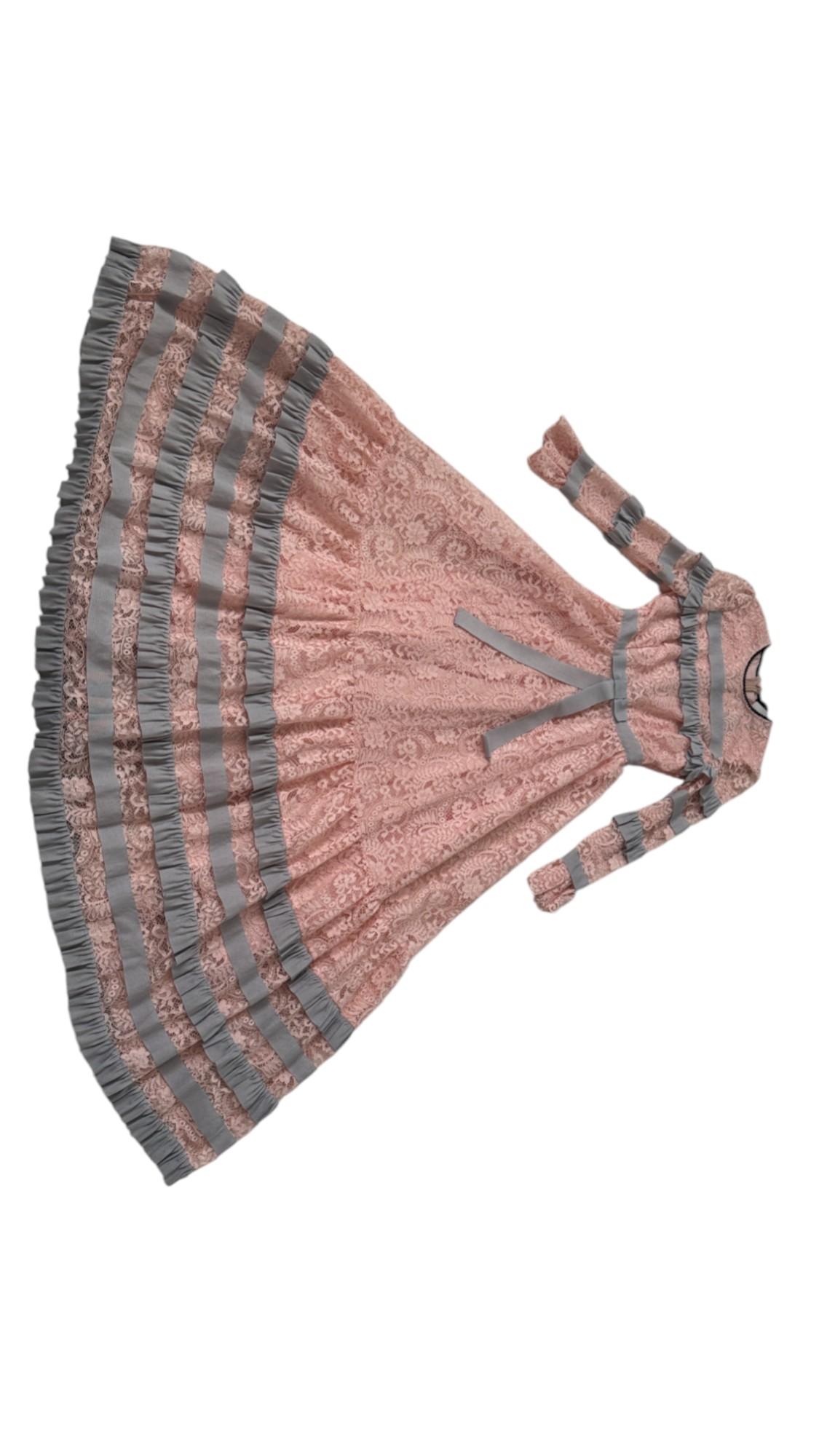 Brown Romantic Blush Pink Lace Gown with Gray Ruffle Details by K-QUINN in vendita