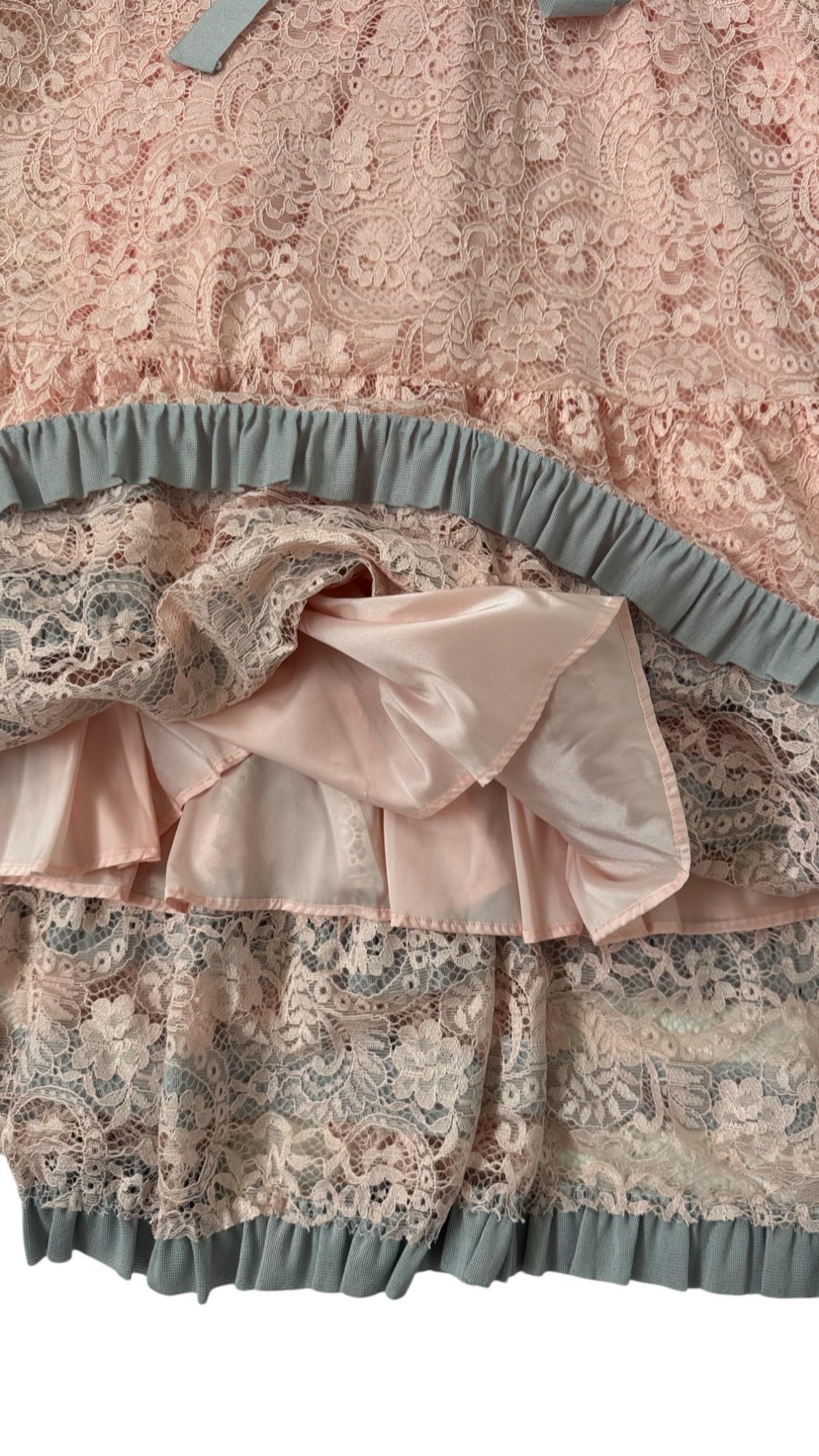 Romantic Blush Pink Lace Gown with Gray Ruffle Details by K-QUINN in vendita 1