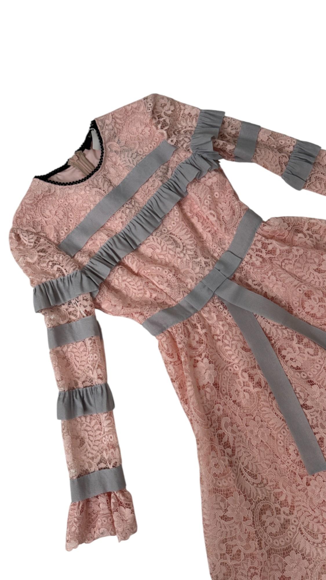 Romantic Blush Pink Lace Gown with Gray Ruffle Details by K-QUINN in vendita 2