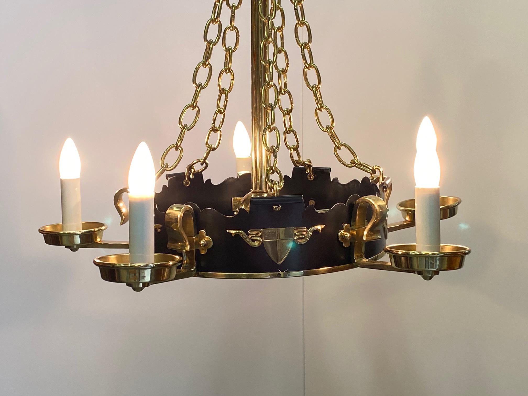 American Romantic Brass and Ebonized Black Chandelier For Sale